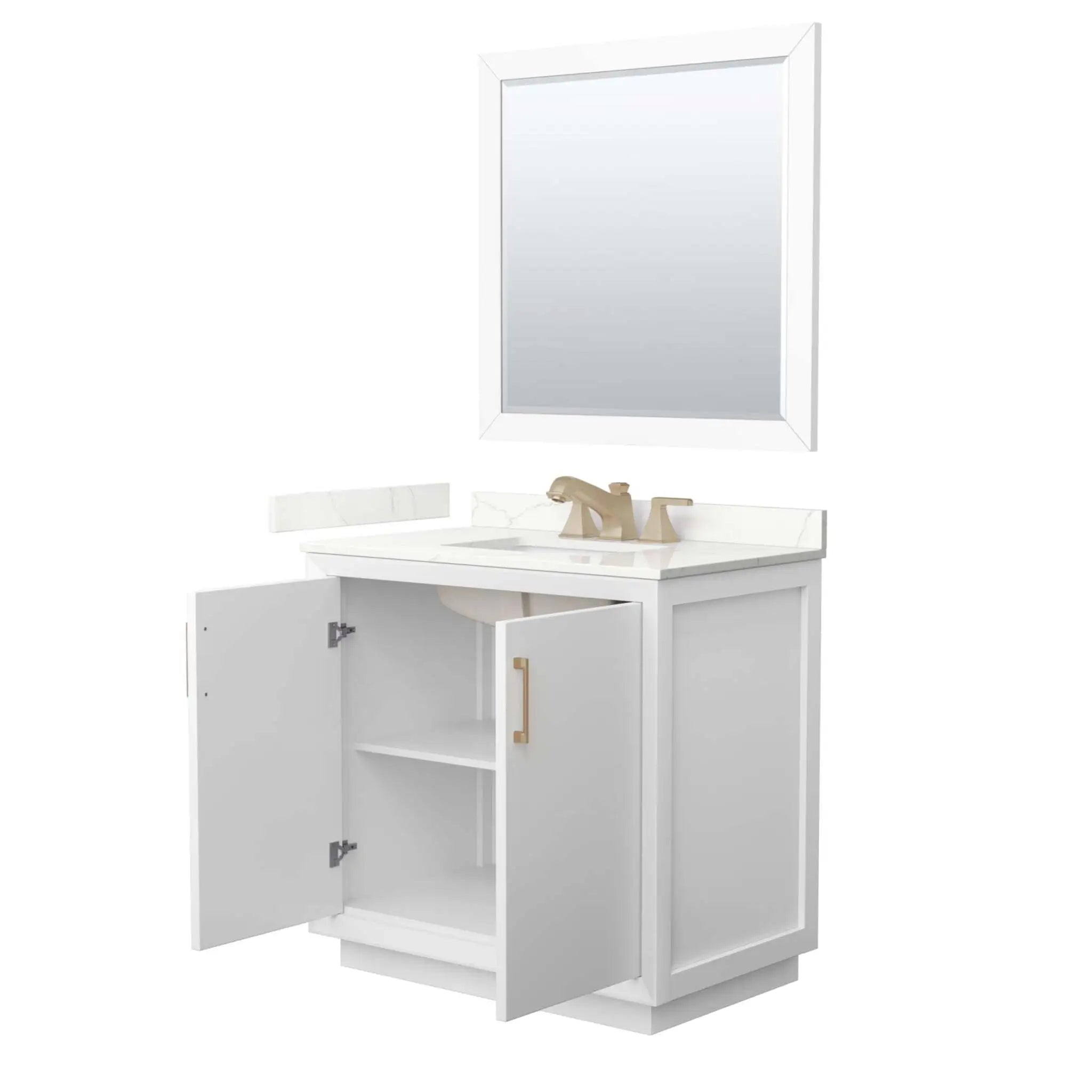 36" Strada Single Bathroom Vanity in White with Satin Bronze Trim & 34" Mirror by Wyndham