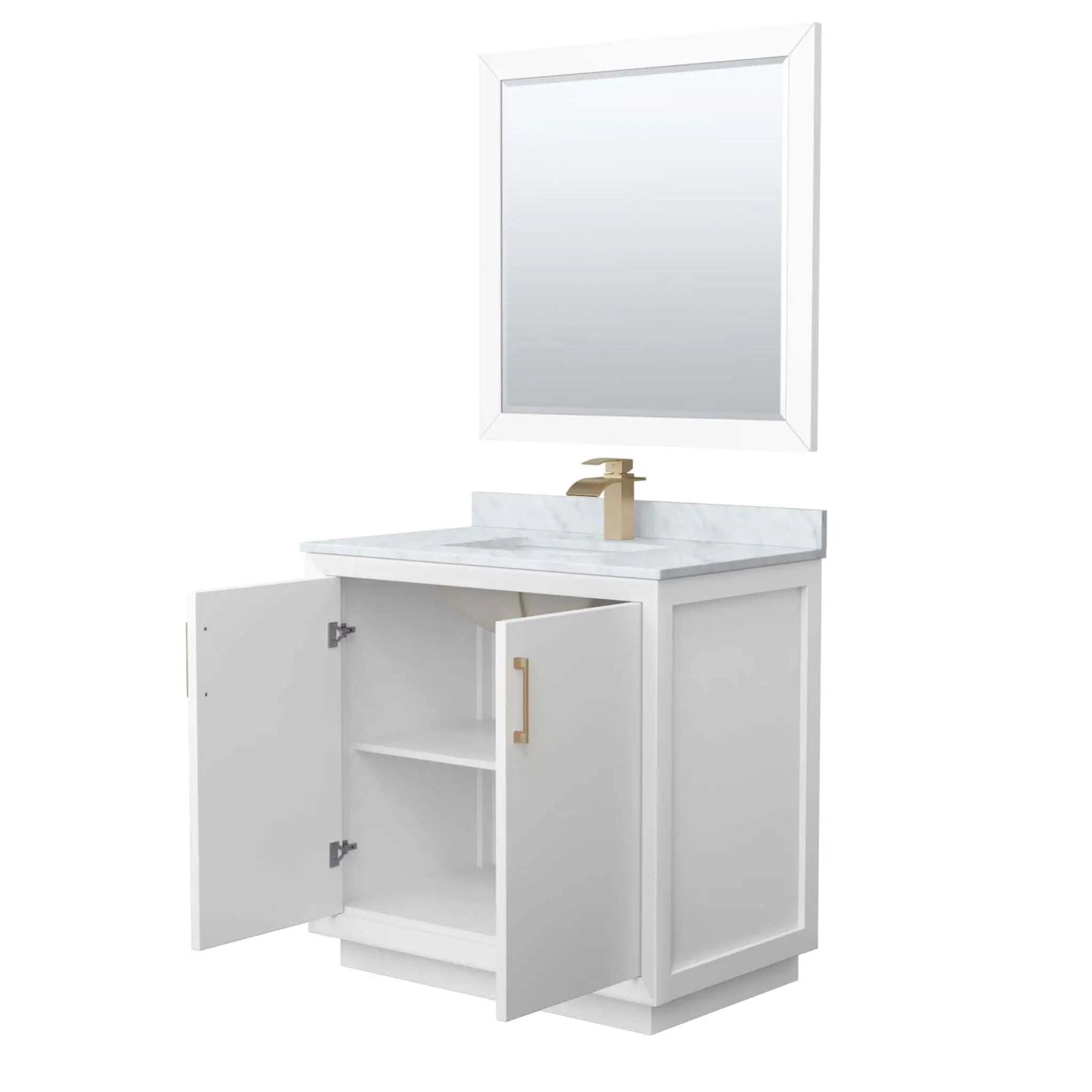 36" Strada Single Bathroom Vanity in White with Satin Bronze Trim & 34" Mirror by Wyndham