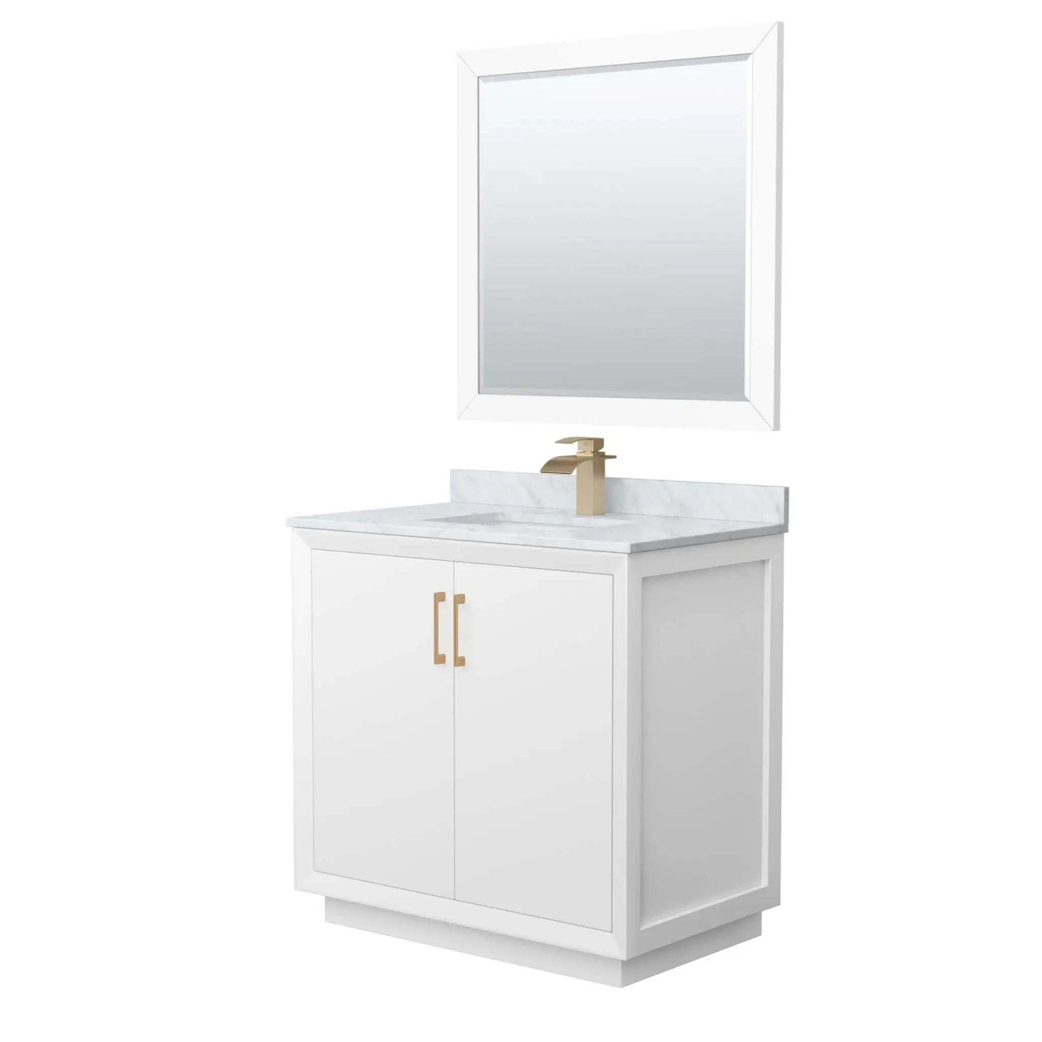 36" Strada Single Bathroom Vanity in White with Satin Bronze Trim & 34" Mirror by Wyndham