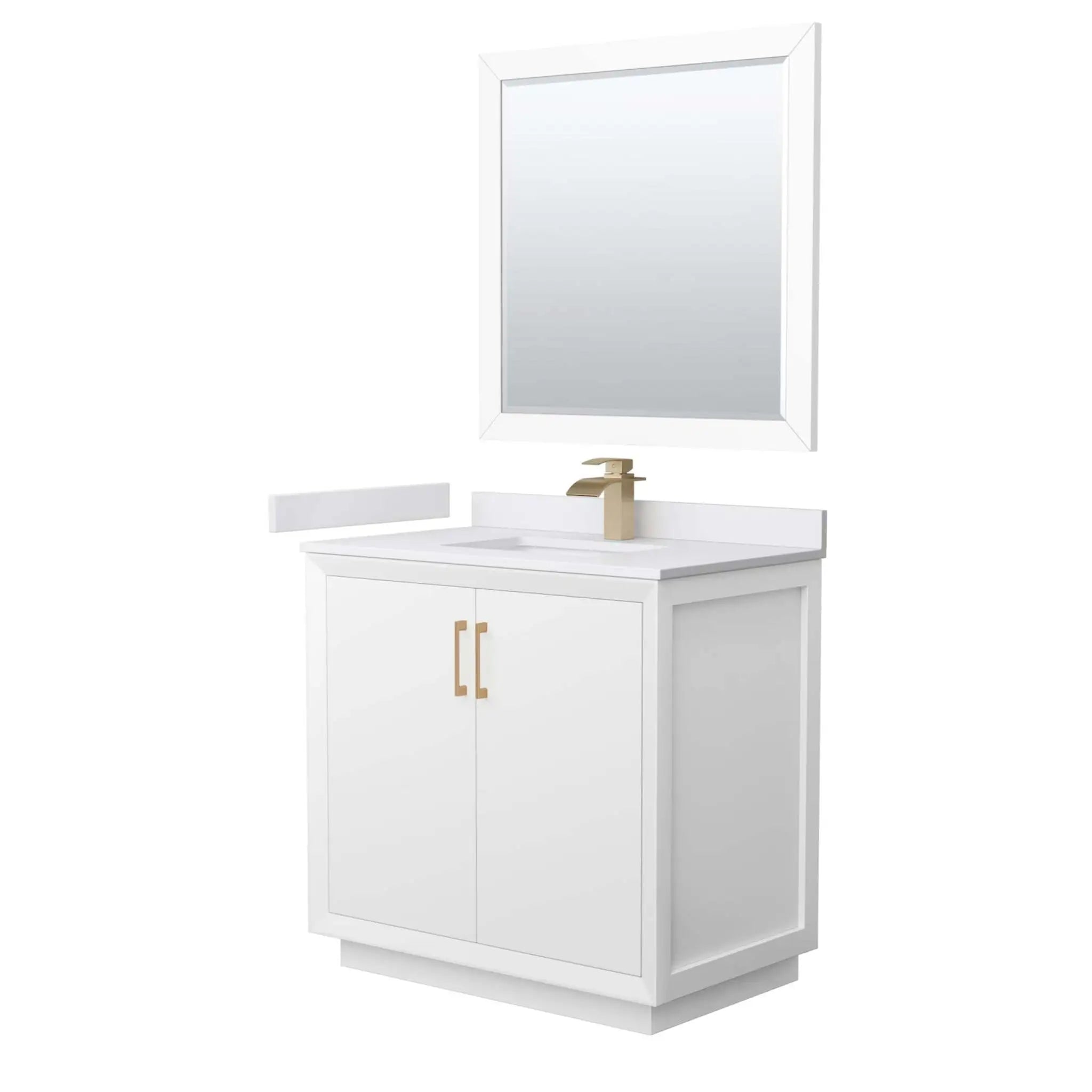 36" Strada Single Bathroom Vanity in White with Satin Bronze Trim & 34" Mirror by Wyndham