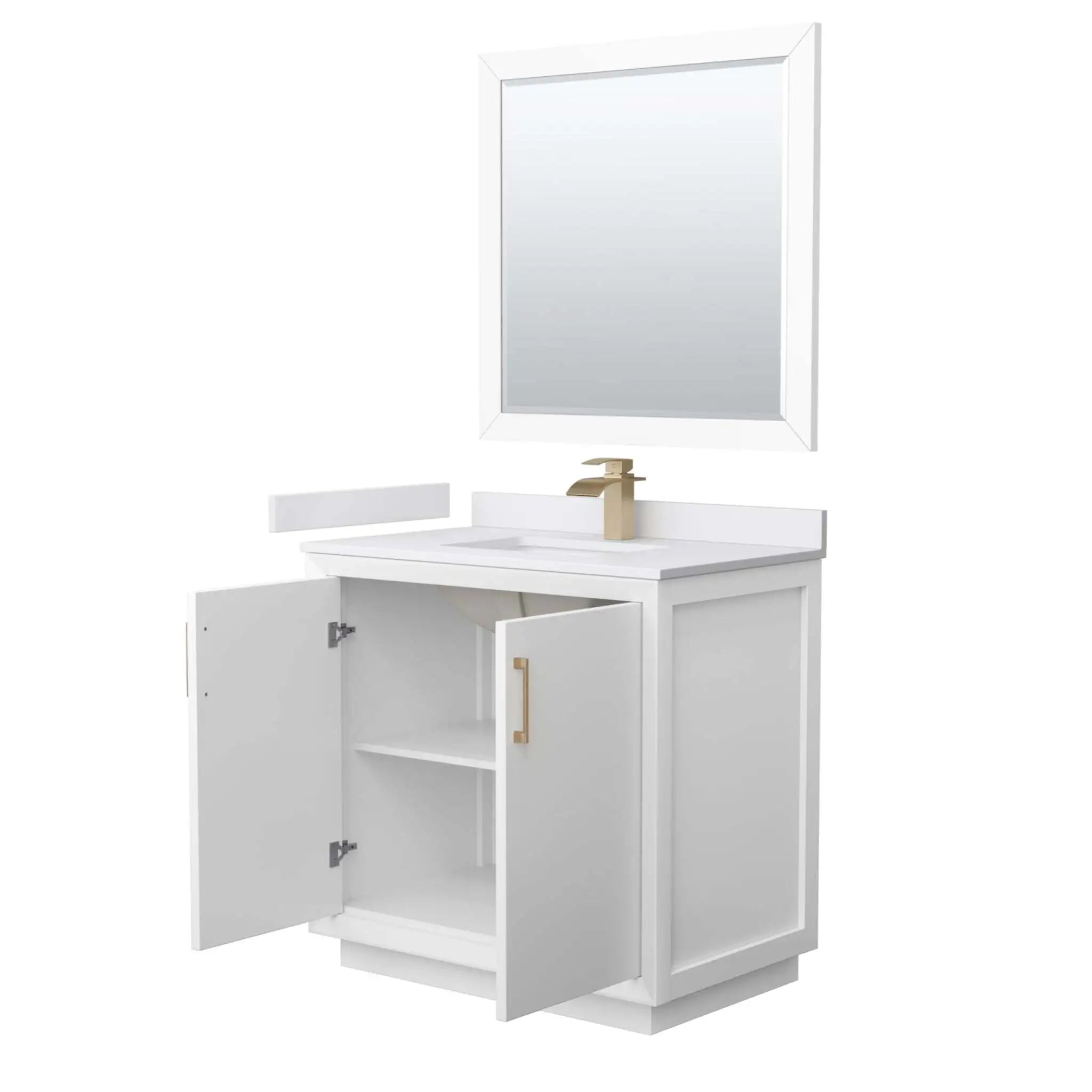 36" Strada Single Bathroom Vanity in White with Satin Bronze Trim & 34" Mirror by Wyndham