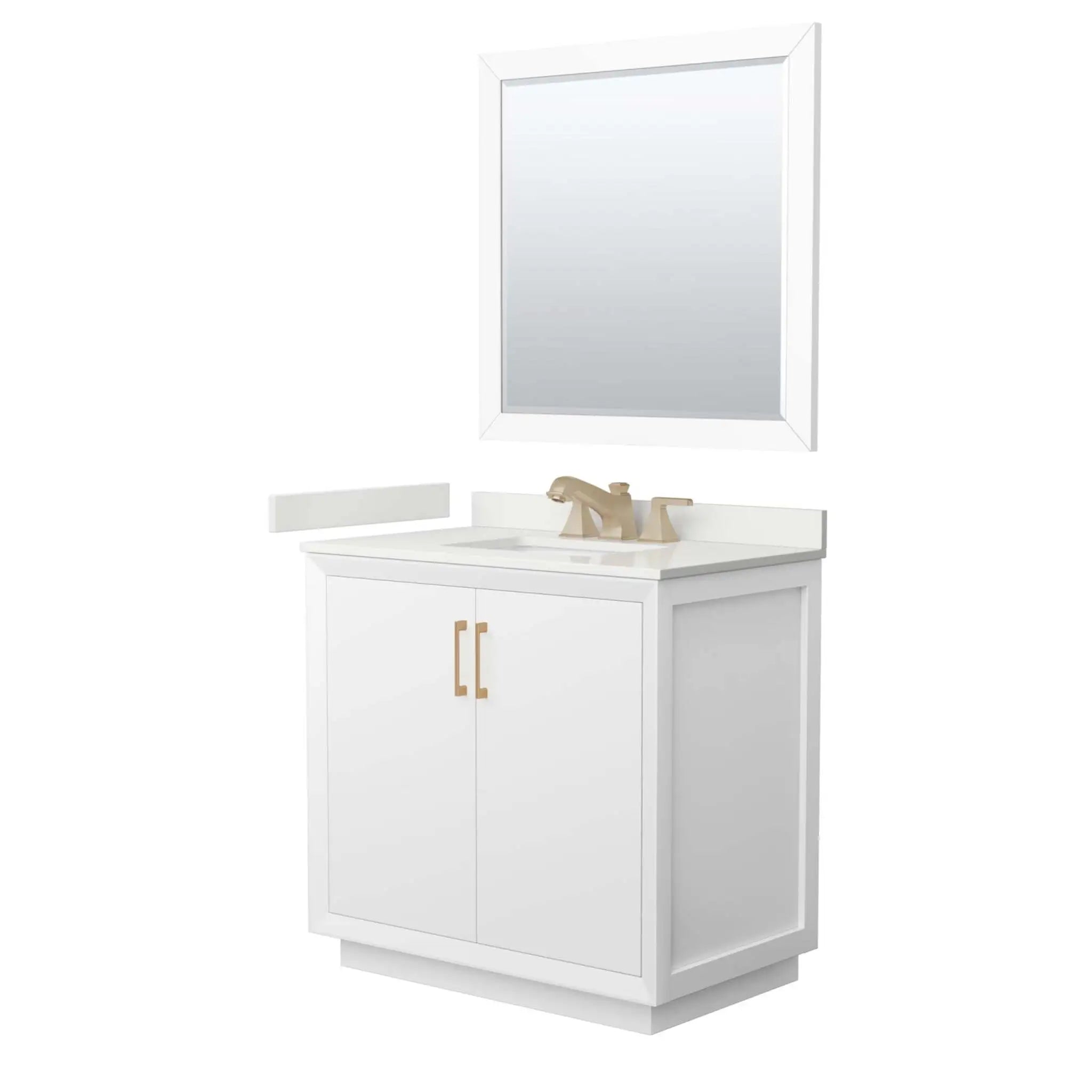 36" Strada Single Bathroom Vanity in White with Satin Bronze Trim & 34" Mirror by Wyndham