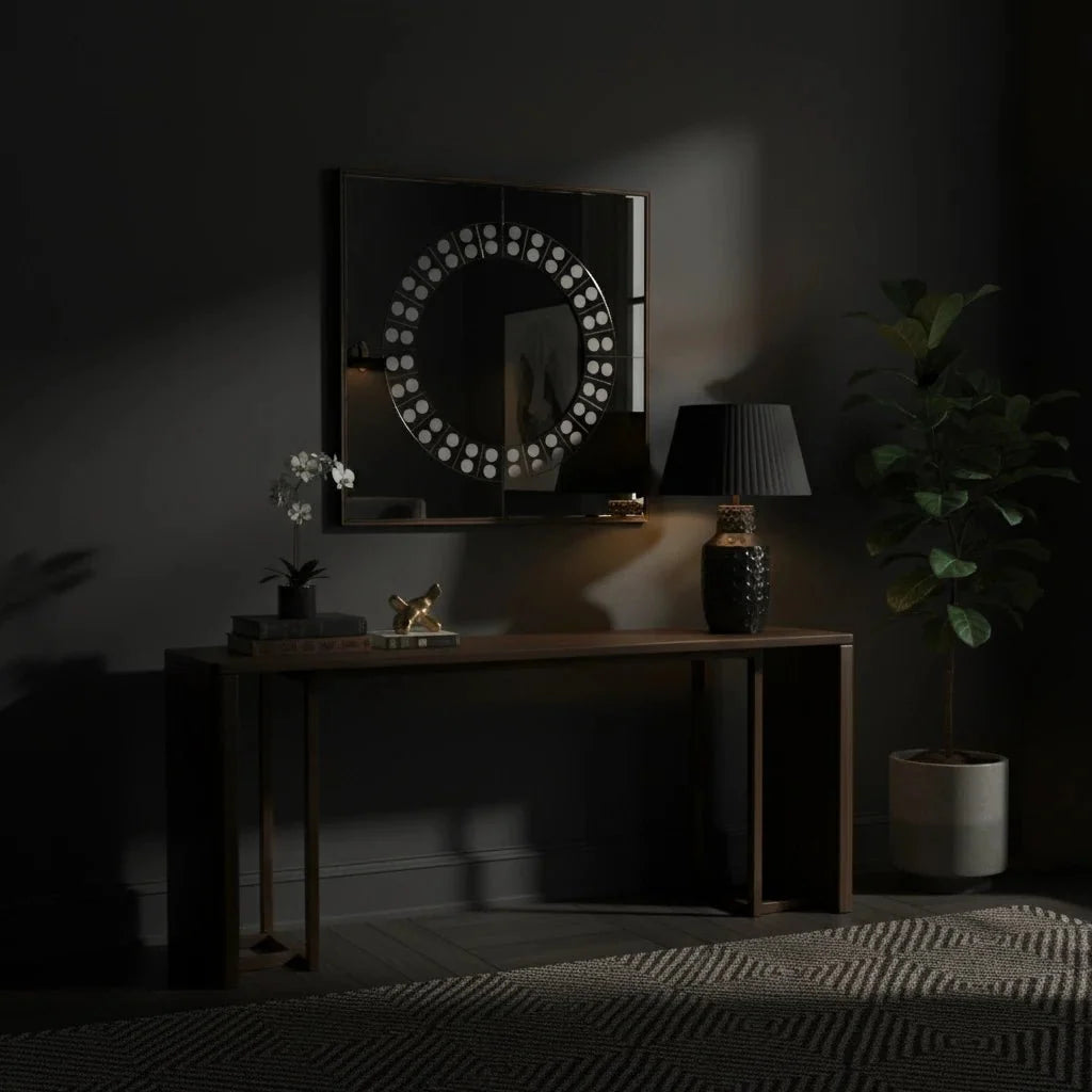 Dark room with a table, mirror, and decorative items.