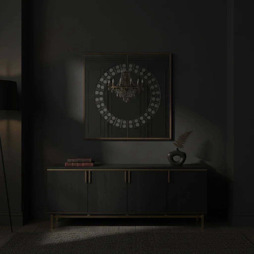 Dark room with a sideboard, books, and a decorative mirror on the wall.