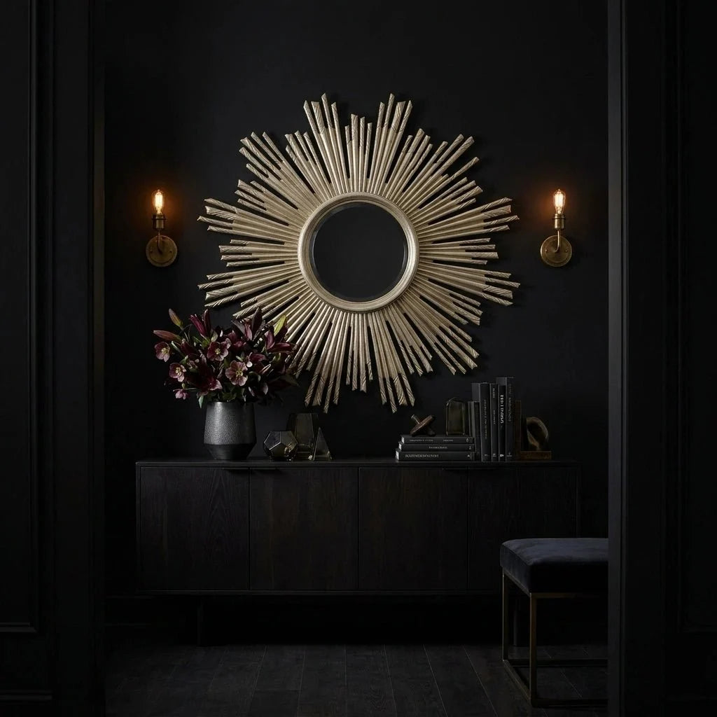 Ambella Home 40 Apollo Mirror in leafed champagne displayed over a dark wood console in a moody hallway, showcasing a bold starburst frame with layered tapered rays and a circular mirrored center for elegant statement wall décor