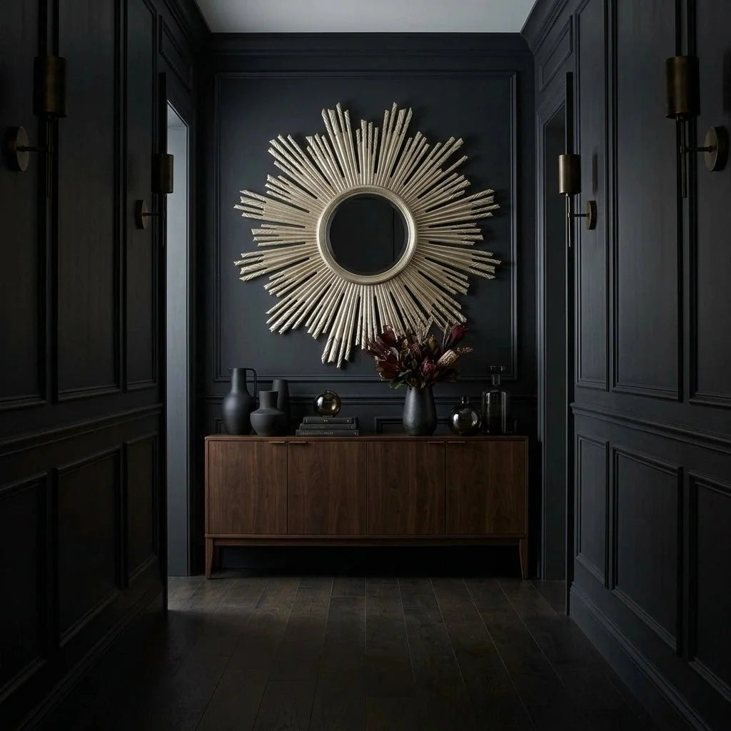 40 Apollo Mirror - Leafed Champagne by Ambella Home mounted above a walnut credenza in a black paneled foyer, highlighting its striking round center glass, dimensional sunburst design, and refined leafed champagne finish