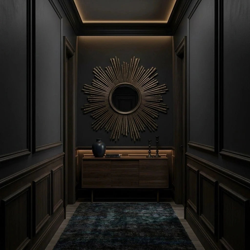 Leafed champagne Apollo Mirror by Ambella Home styled in a sophisticated dark hallway above a minimalist credenza, featuring a dramatic radial frame, sculpted metallic rays, and round center mirror for luxe entryway styling