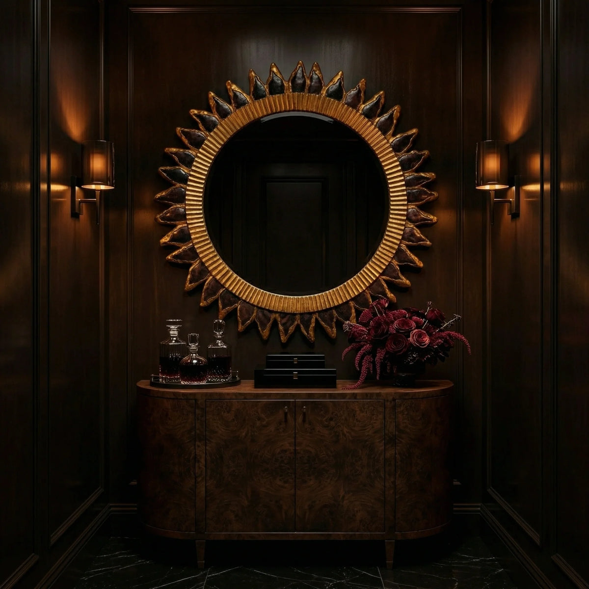 Round Estrella Mirror by Ambella Home with sculpted sunburst frame in warm metallic tones, mounted above a burl wood credenza in a luxury dark hallway interior