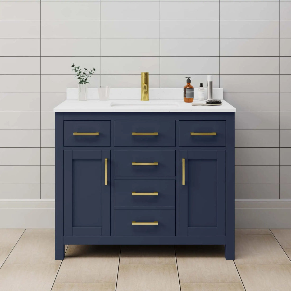 42" Beckett Single Bathroom Vanity in Dark Blue with Brushed Gold Trim by Wyndham