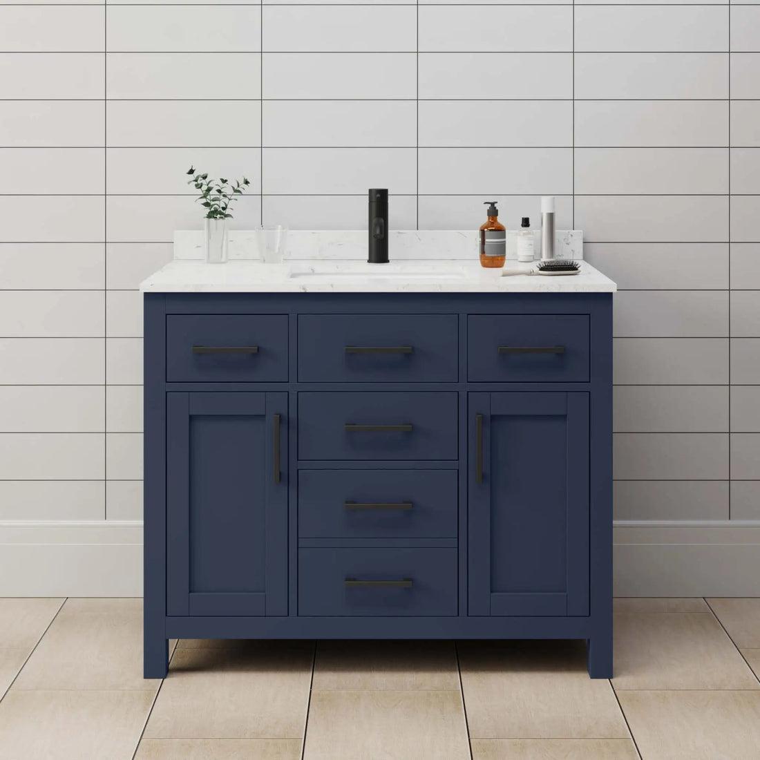 42" Beckett Single Bathroom Vanity in Dark Blue with Matte Black Trim by Wyndham