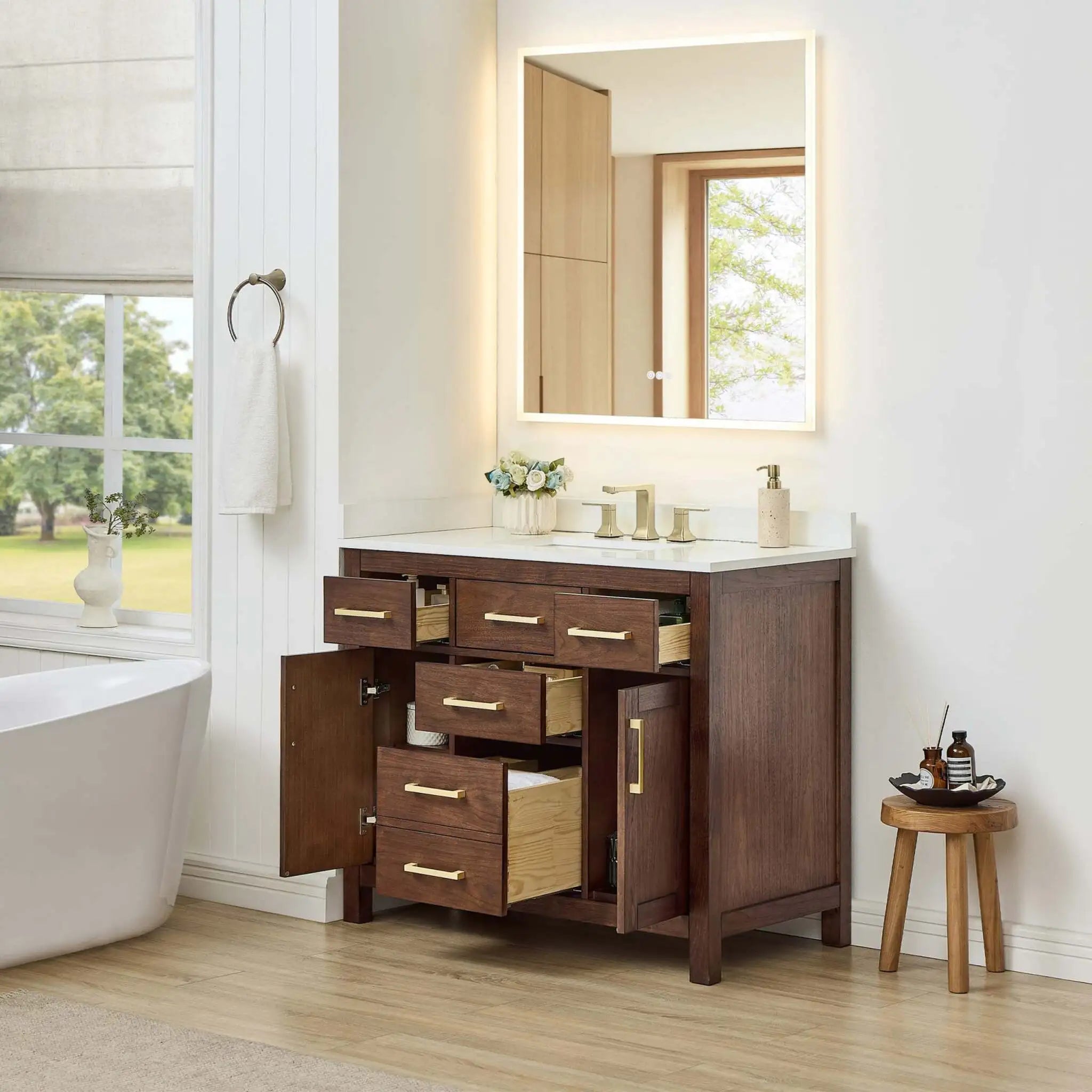 42" Beckett Single Bathroom Vanity in Dark Walnut with Brushed Gold Trim by Wyndham