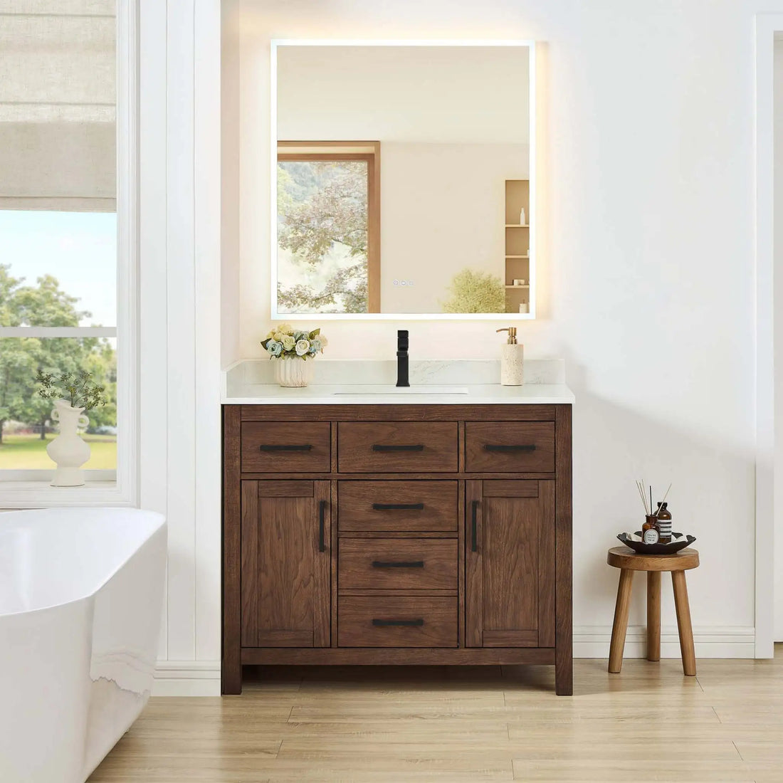 42" Beckett Single Bathroom Vanity in Dark Walnut with Matte Black Trim by Wyndham
