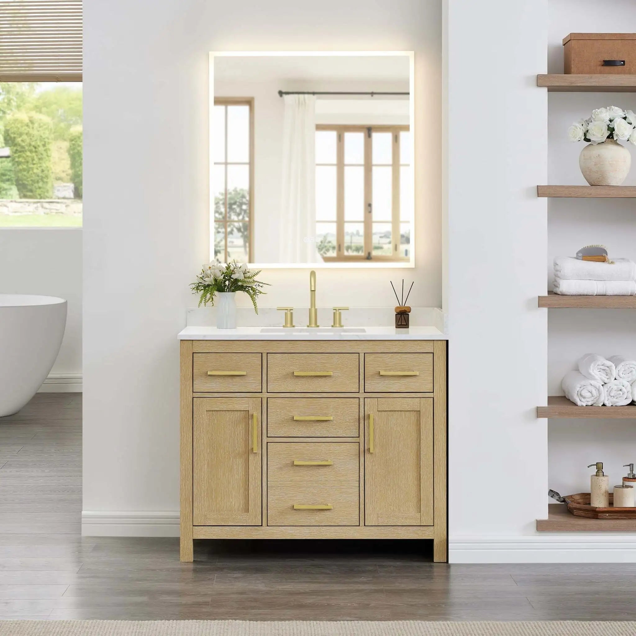 42" Beckett Single Bathroom Vanity in Whitewashed Oak with Brushed Gold Trim by Wyndham