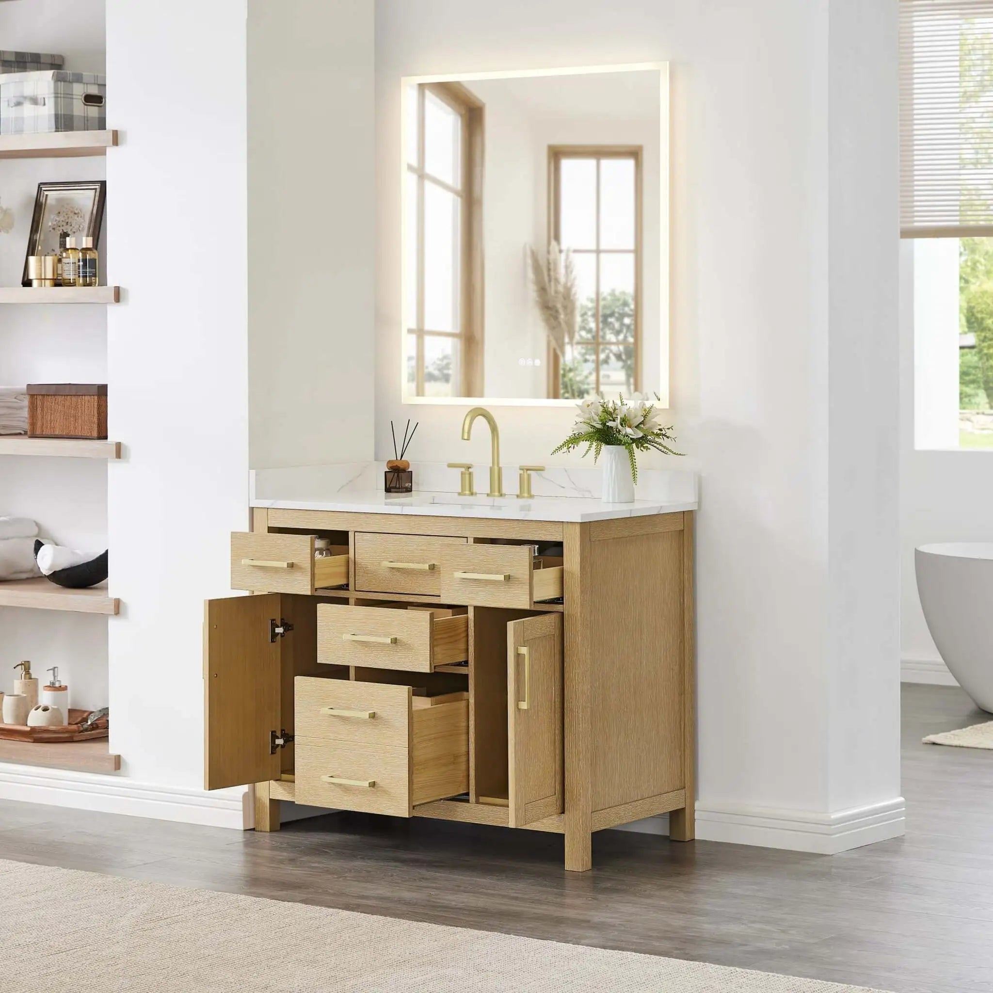 42" Beckett Single Bathroom Vanity in Whitewashed Oak with Brushed Gold Trim by Wyndham
