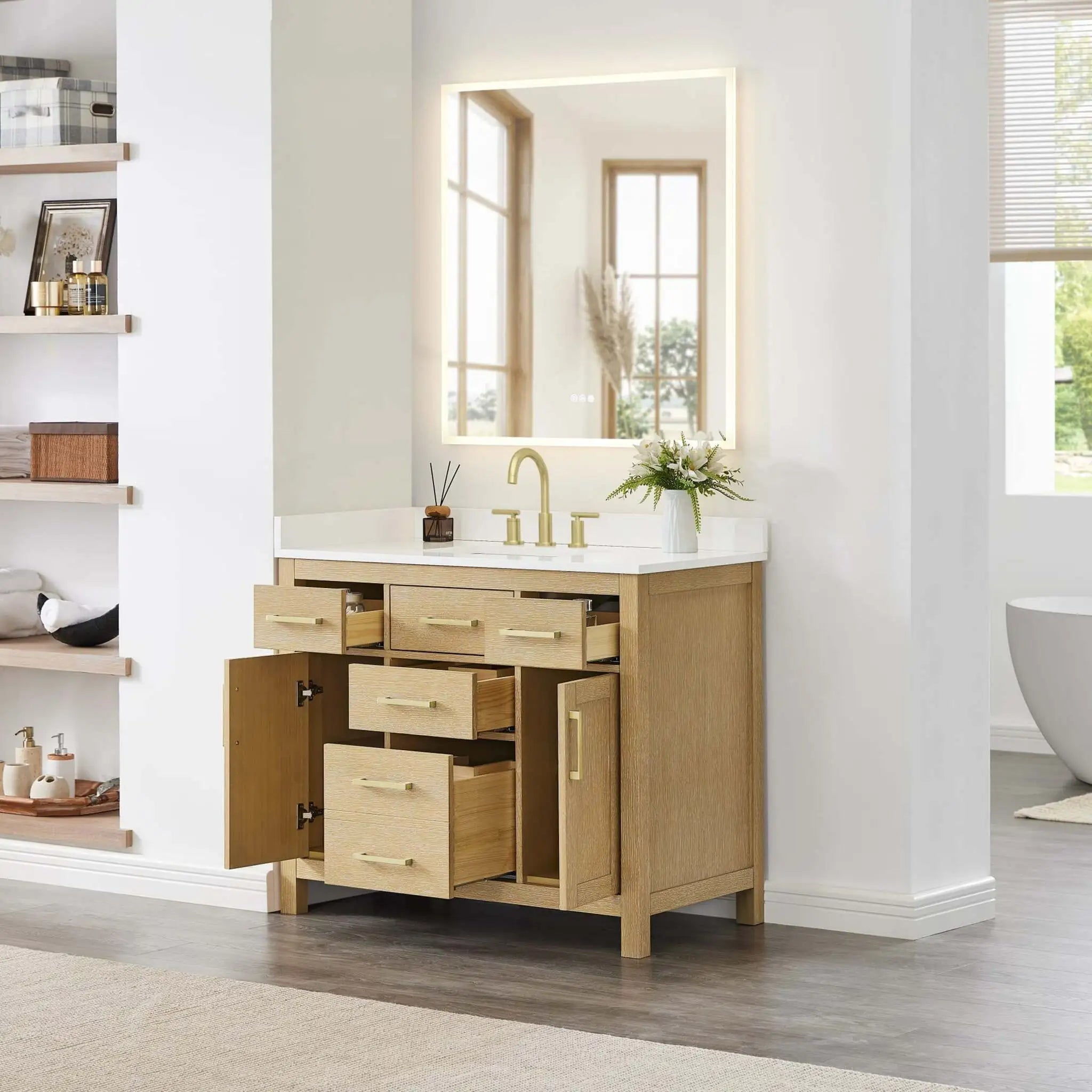 42" Beckett Single Bathroom Vanity in Whitewashed Oak with Brushed Gold Trim by Wyndham