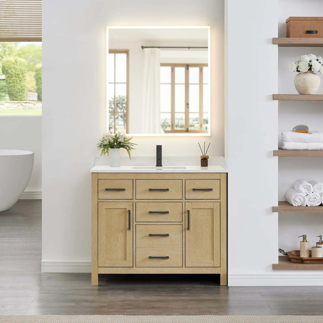 42" Beckett Single Bathroom Vanity in Whitewashed Oak with Matte Black Trim by Wyndham