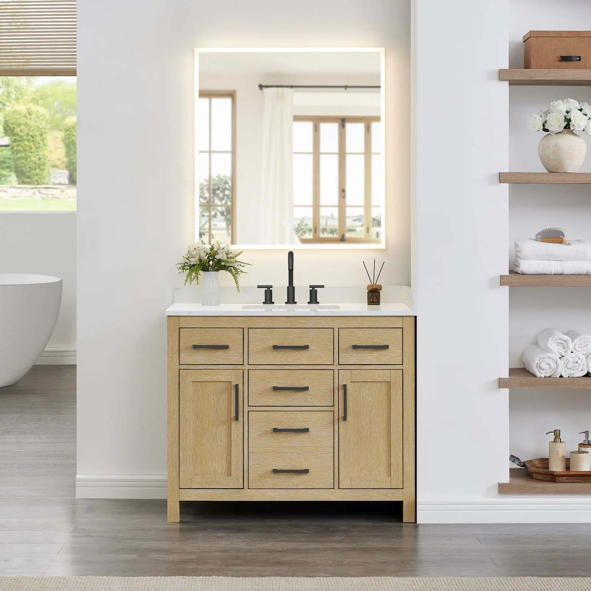 42" Beckett Single Bathroom Vanity in Whitewashed Oak with Matte Black Trim by Wyndham