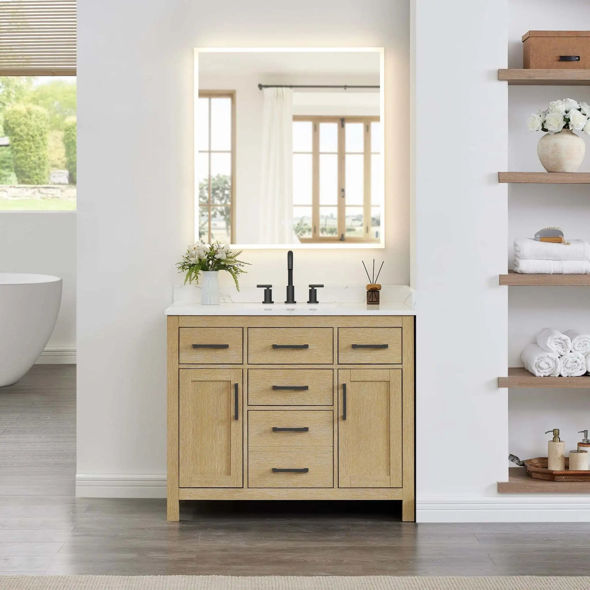 42" Beckett Single Bathroom Vanity in Whitewashed Oak with Matte Black Trim by Wyndham