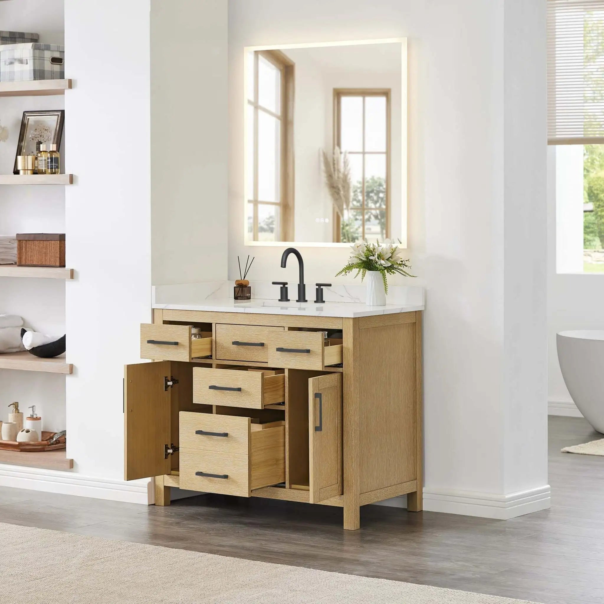 42" Beckett Single Bathroom Vanity in Whitewashed Oak with Matte Black Trim by Wyndham