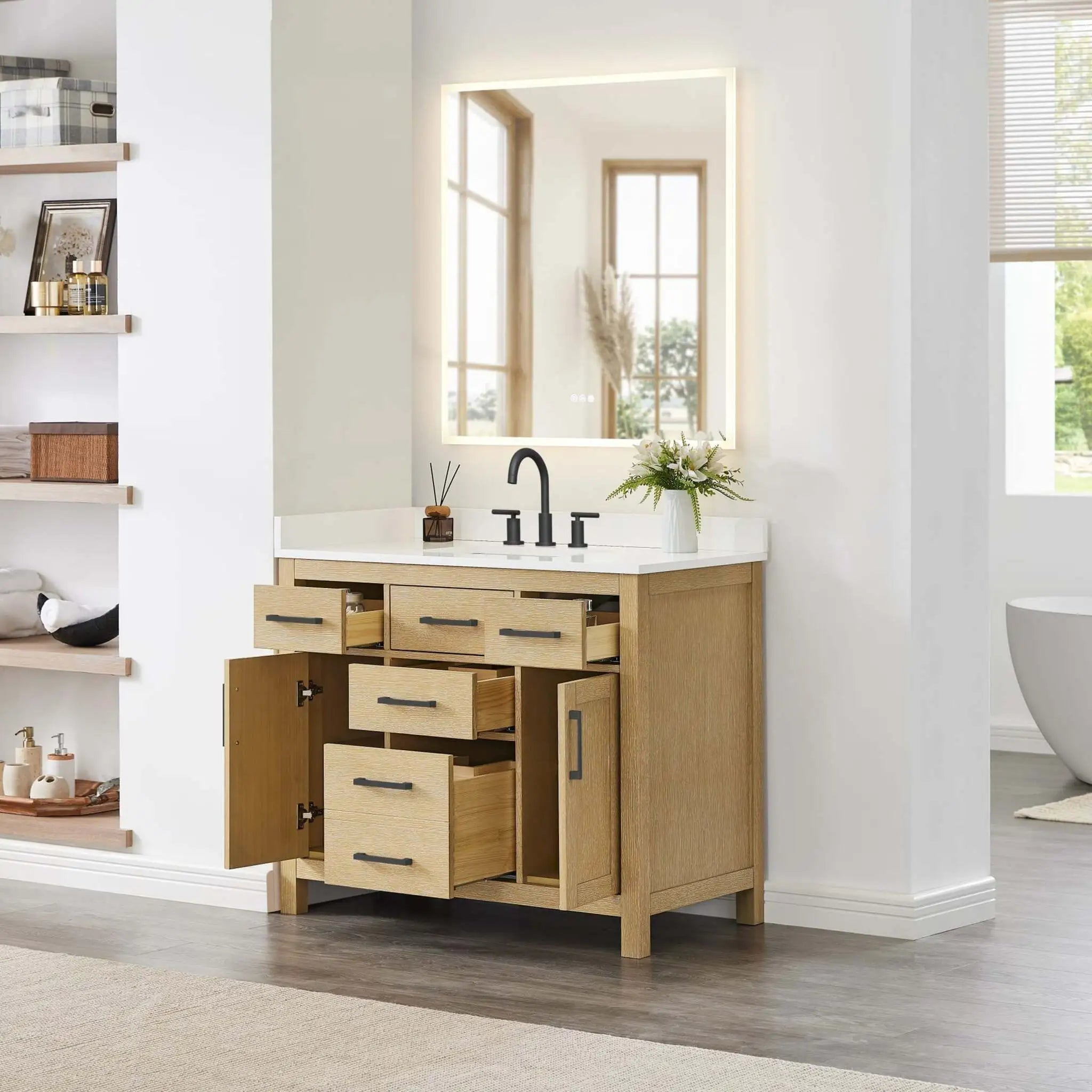 42" Beckett Single Bathroom Vanity in Whitewashed Oak with Matte Black Trim by Wyndham
