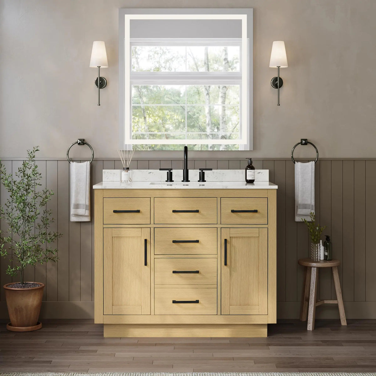 42" Beckett Single Bathroom Vanity with Toe Kick Rift Oak Matte Black Trim by wyndham View 14
