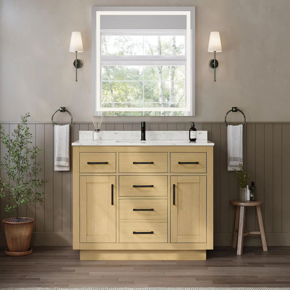 42" Beckett Single Bathroom Vanity with Toe Kick Rift Oak Matte Black Trim by wyndham View 4