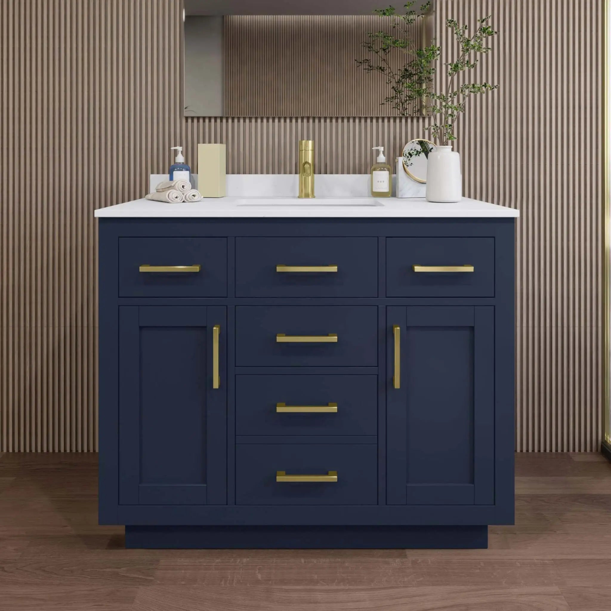 42" Beckett TK Beckett Single Bathroom Vanity with Toe Kick in Dark Blue with Brushed Gold Trim by Wyndham