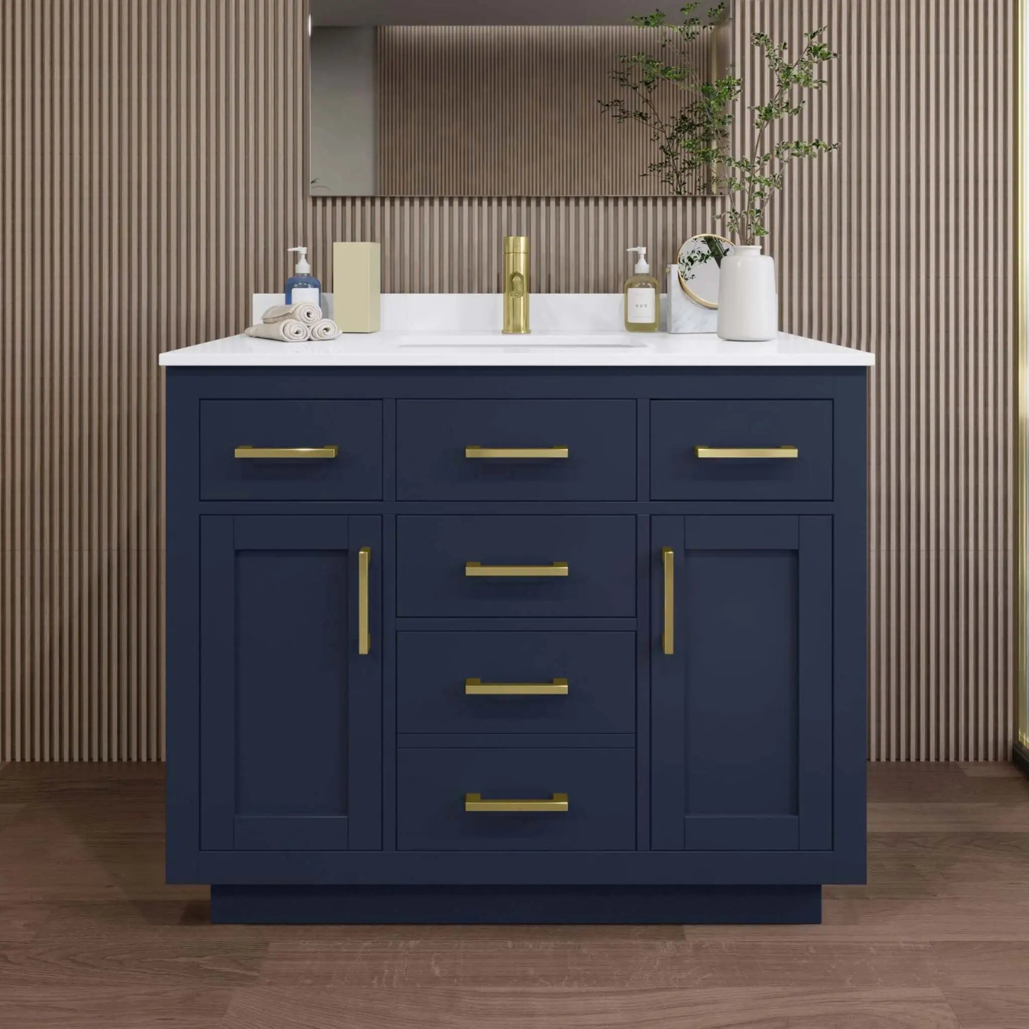 42" Beckett TK Beckett Single Bathroom Vanity with Toe Kick in Dark Blue with Brushed Gold Trim by Wyndham