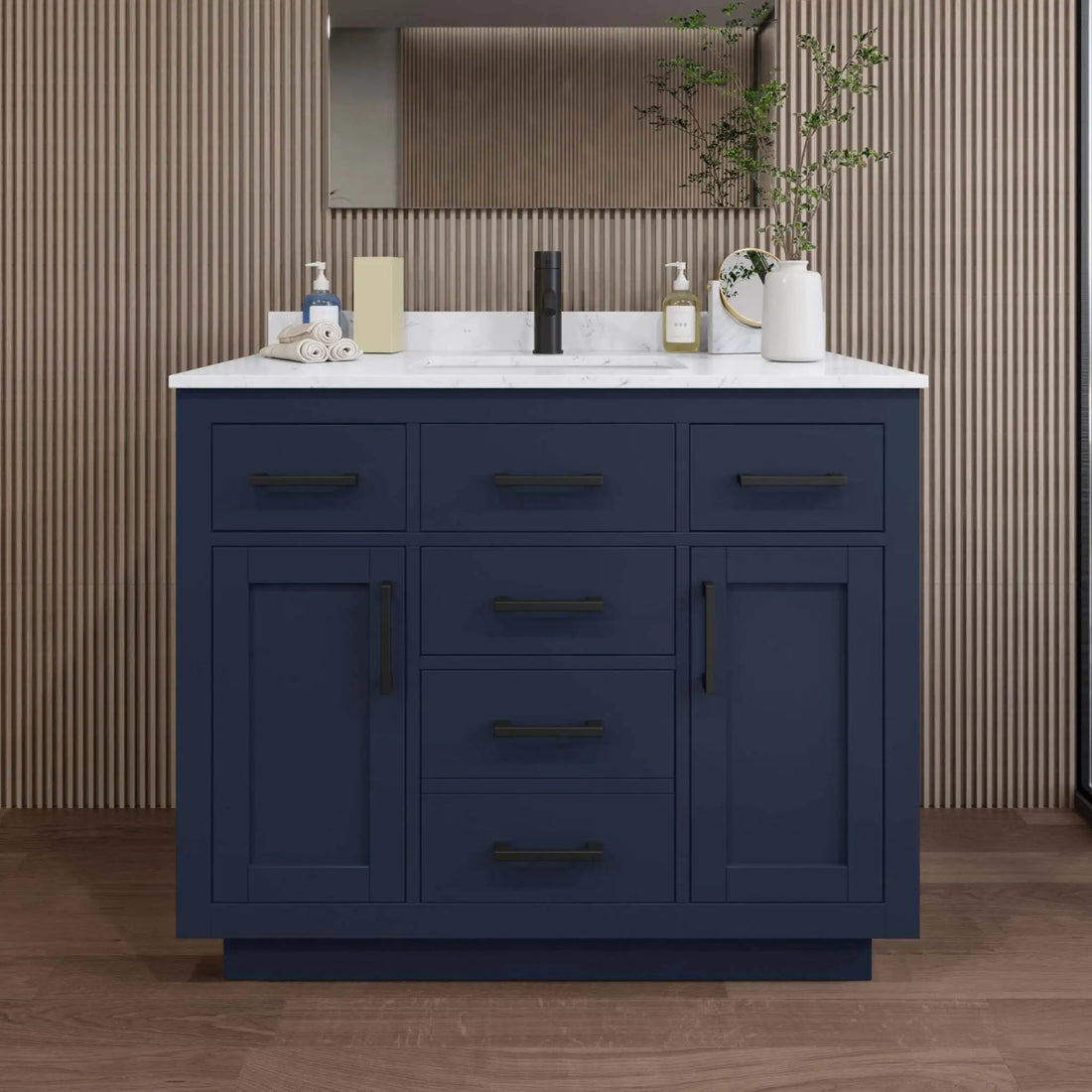 42" Beckett TK Beckett Single Bathroom Vanity with Toe Kick in Dark Blue with Matte Black Trim by Wyndham
