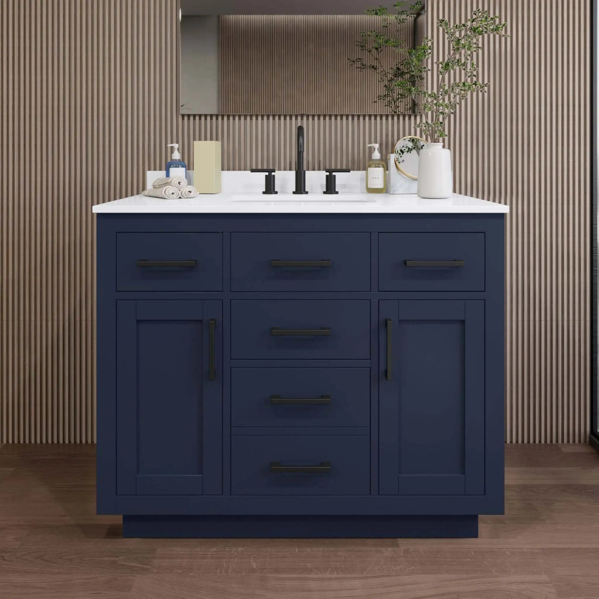 42" Beckett TK Beckett Single Bathroom Vanity with Toe Kick in Dark Blue with Matte Black Trim by Wyndham
