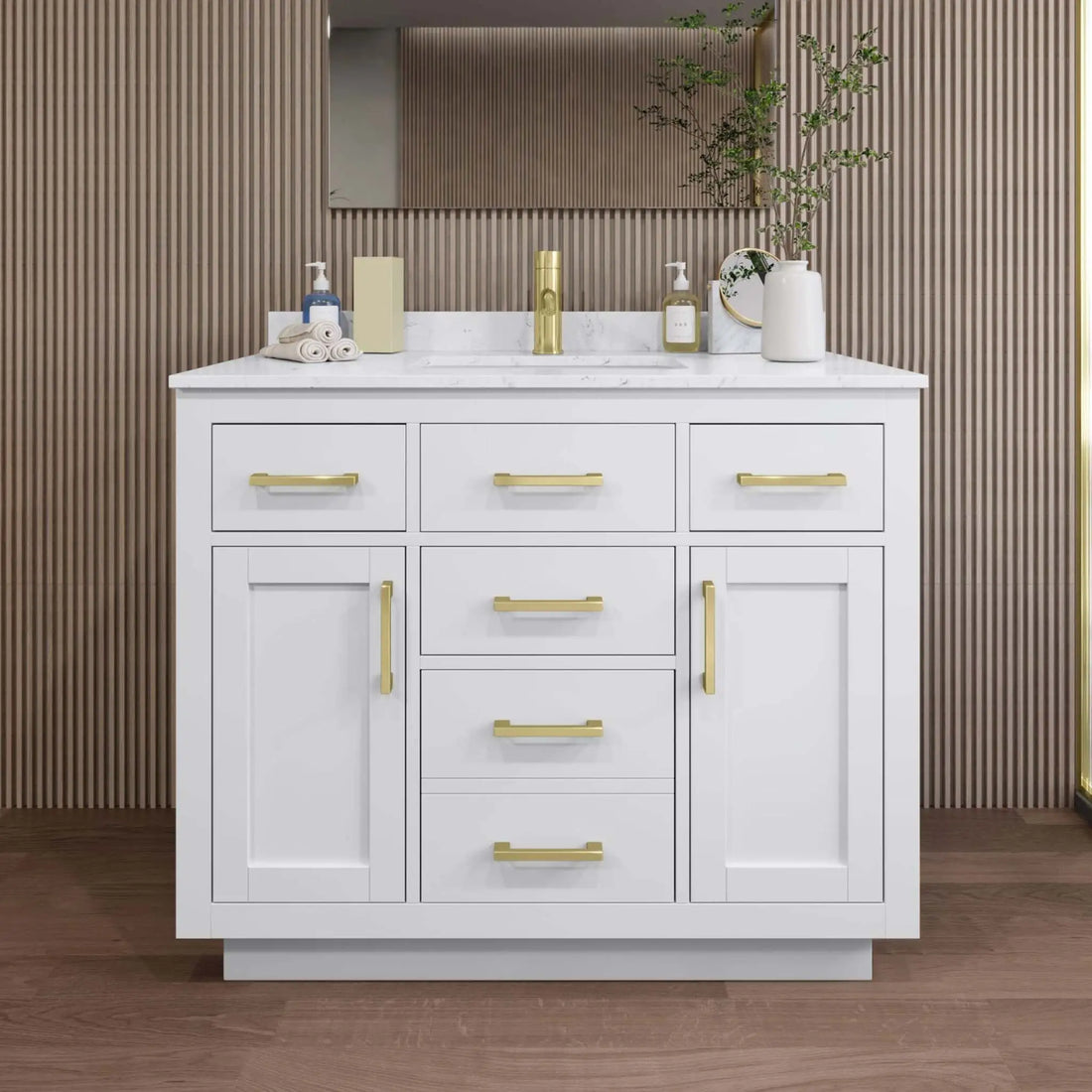42" Beckett TK Beckett Single Bathroom Vanity with Toe Kick in White with Brushed Gold Trim by Wyndham