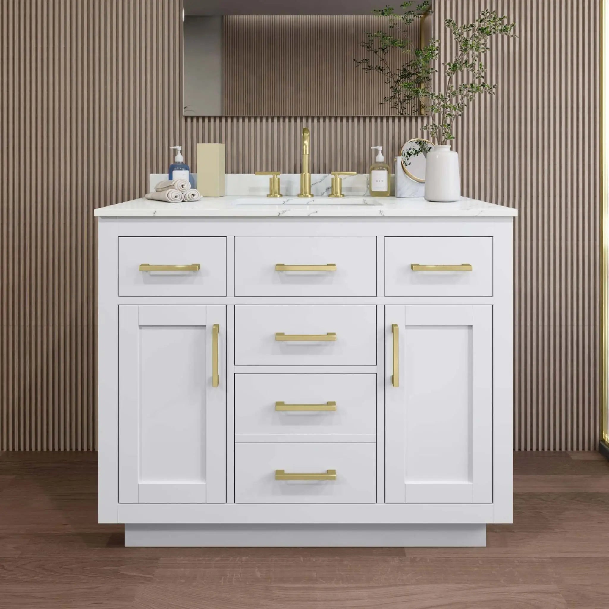 42" Beckett TK Beckett Single Bathroom Vanity with Toe Kick in White with Brushed Gold Trim by Wyndham