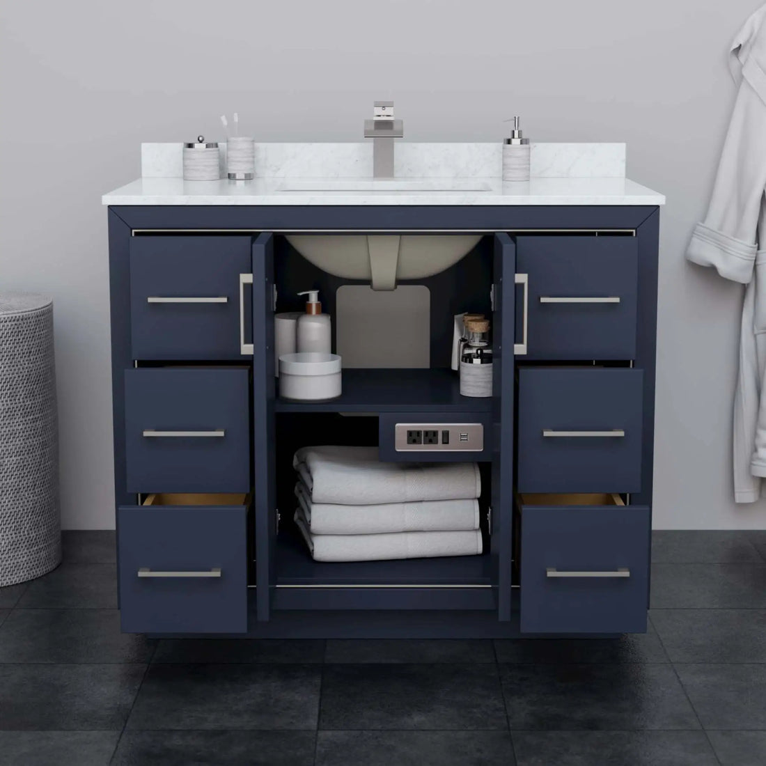 42" Icon Single Bathroom Vanity in Dark Blue with Brushed Nickel Trim & 34" Mirror by Wyndham