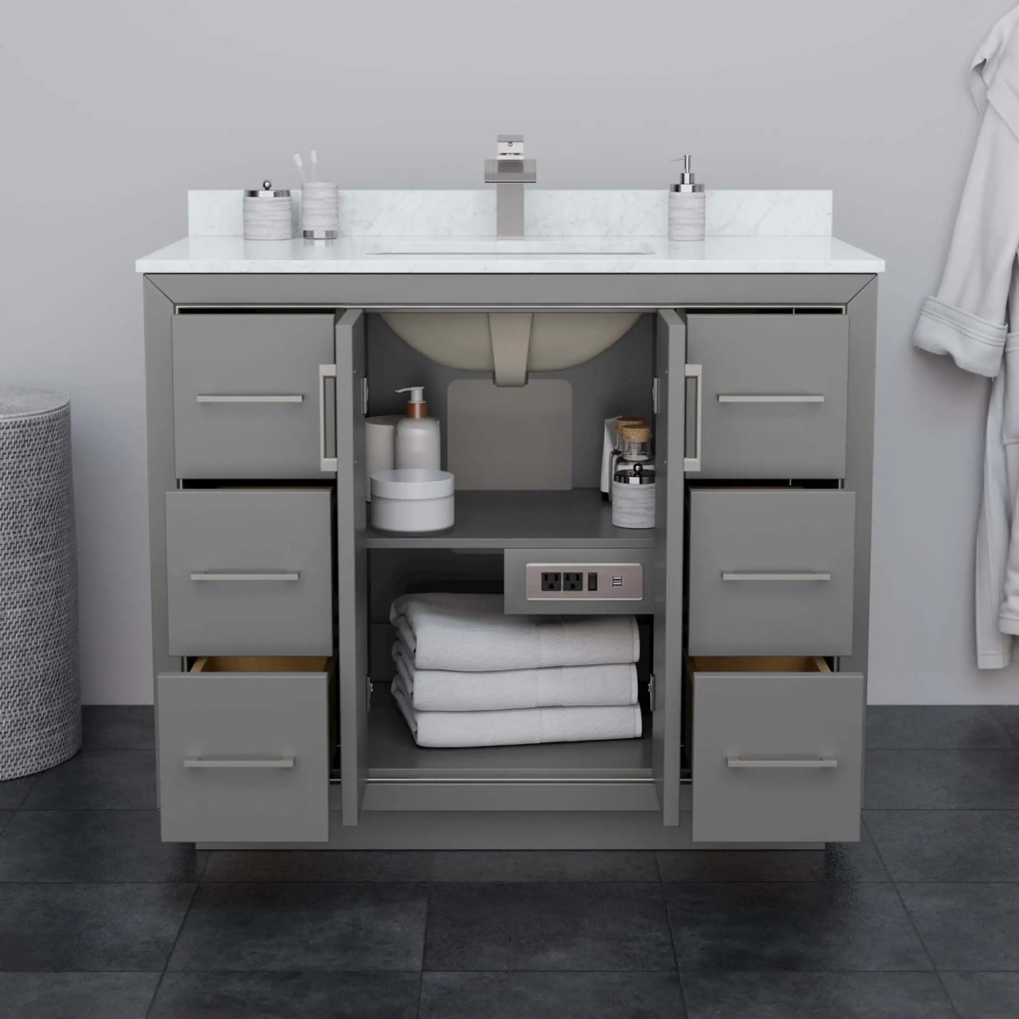 42" Icon Single Bathroom Vanity in Dark Gray with Brushed Nickel Trim & 34" Mirror by Wyndham