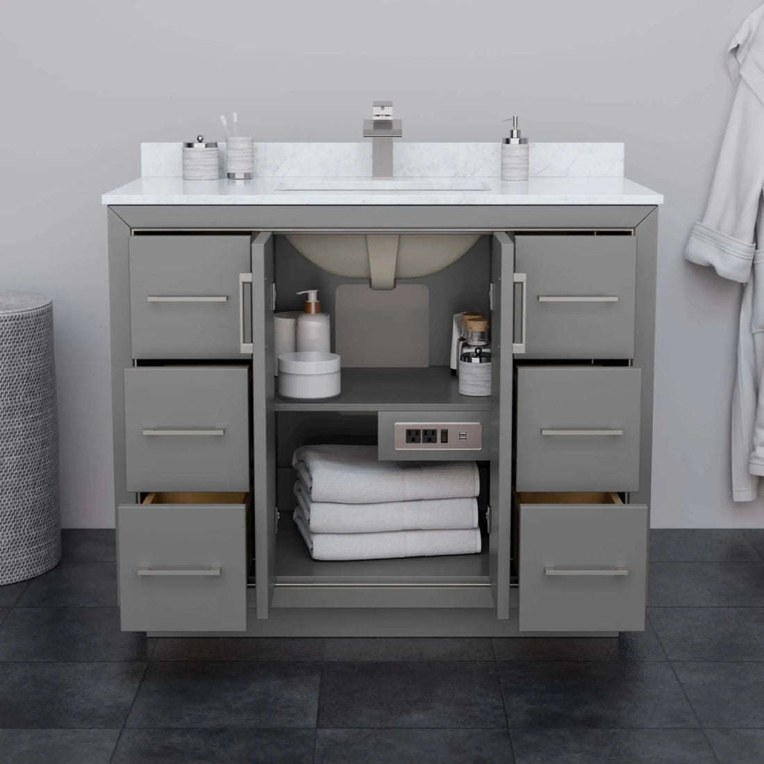 42" Icon Single Bathroom Vanity in Dark Gray with Matte Black Trim & 34" Mirror by Wyndham