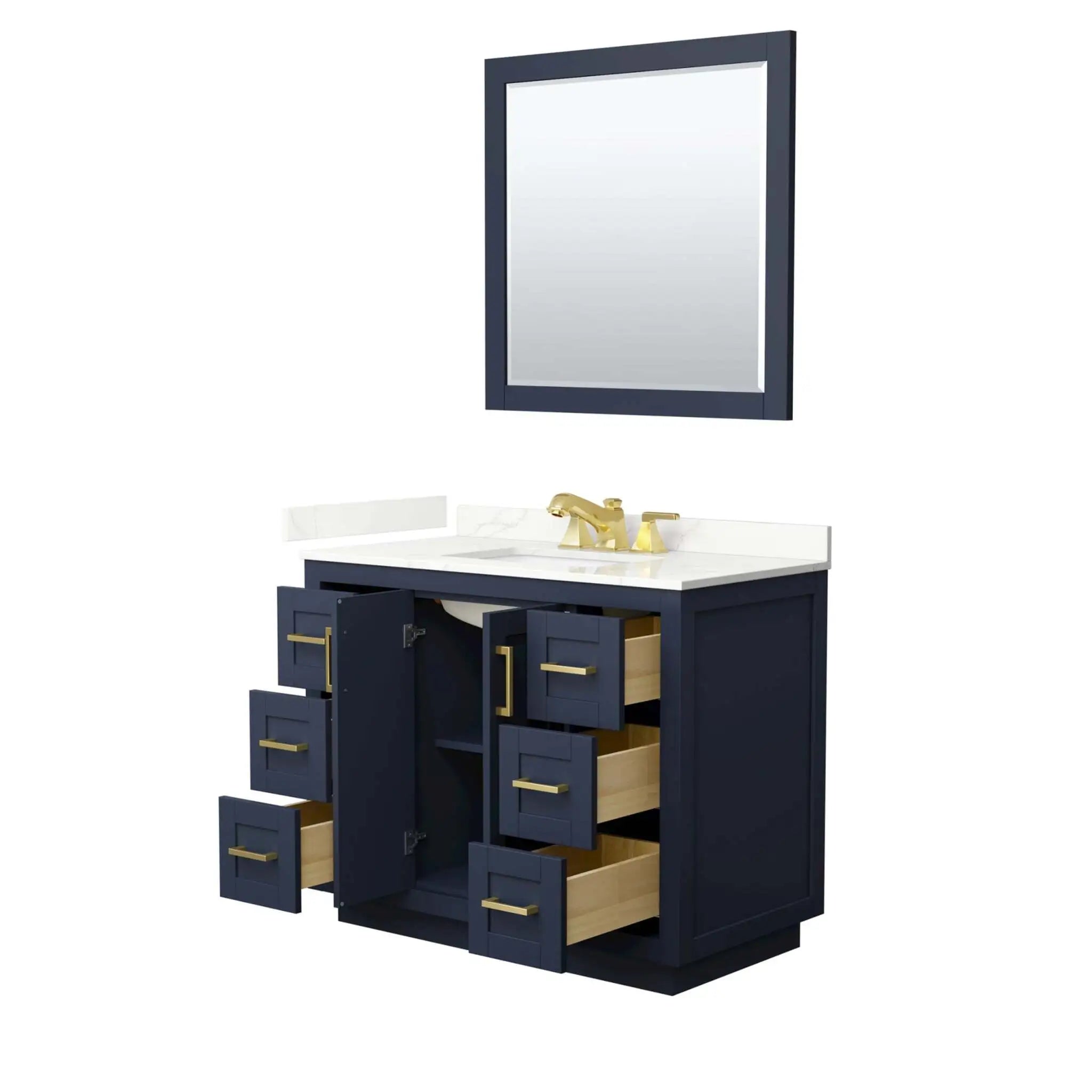 42" Miranda Single Bathroom Vanity in Dark Blue with Brushed Gold Trim & 34" Mirror by Wyndham