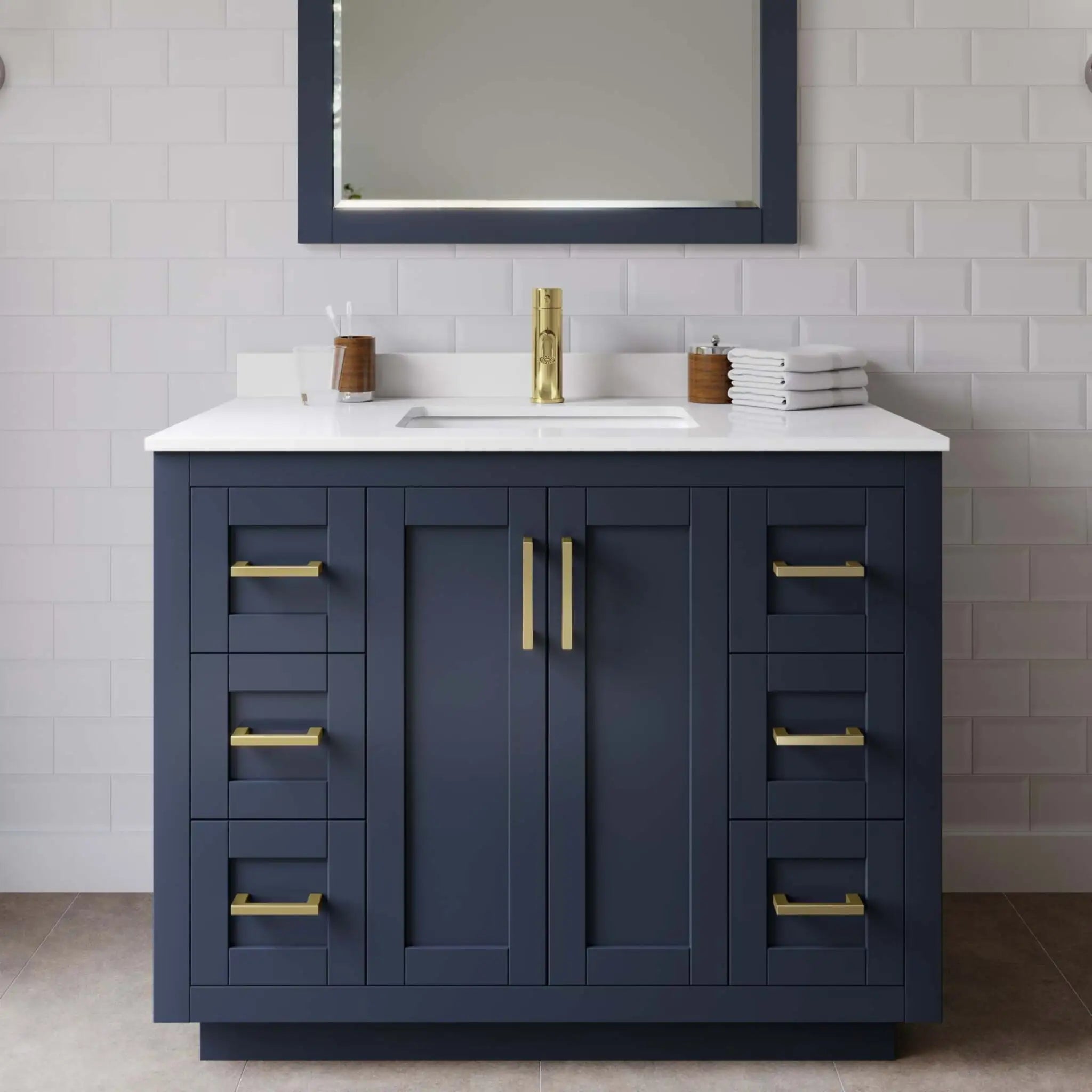 42" Miranda Single Bathroom Vanity in Dark Blue with Brushed Gold Trim & 34" Mirror by Wyndham