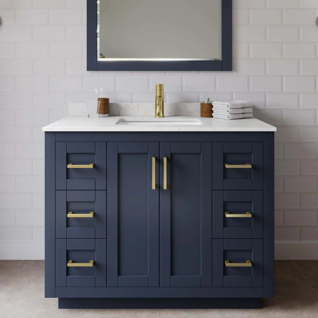 42" Miranda Single Bathroom Vanity in Dark Blue with Brushed Gold Trim by Wyndham