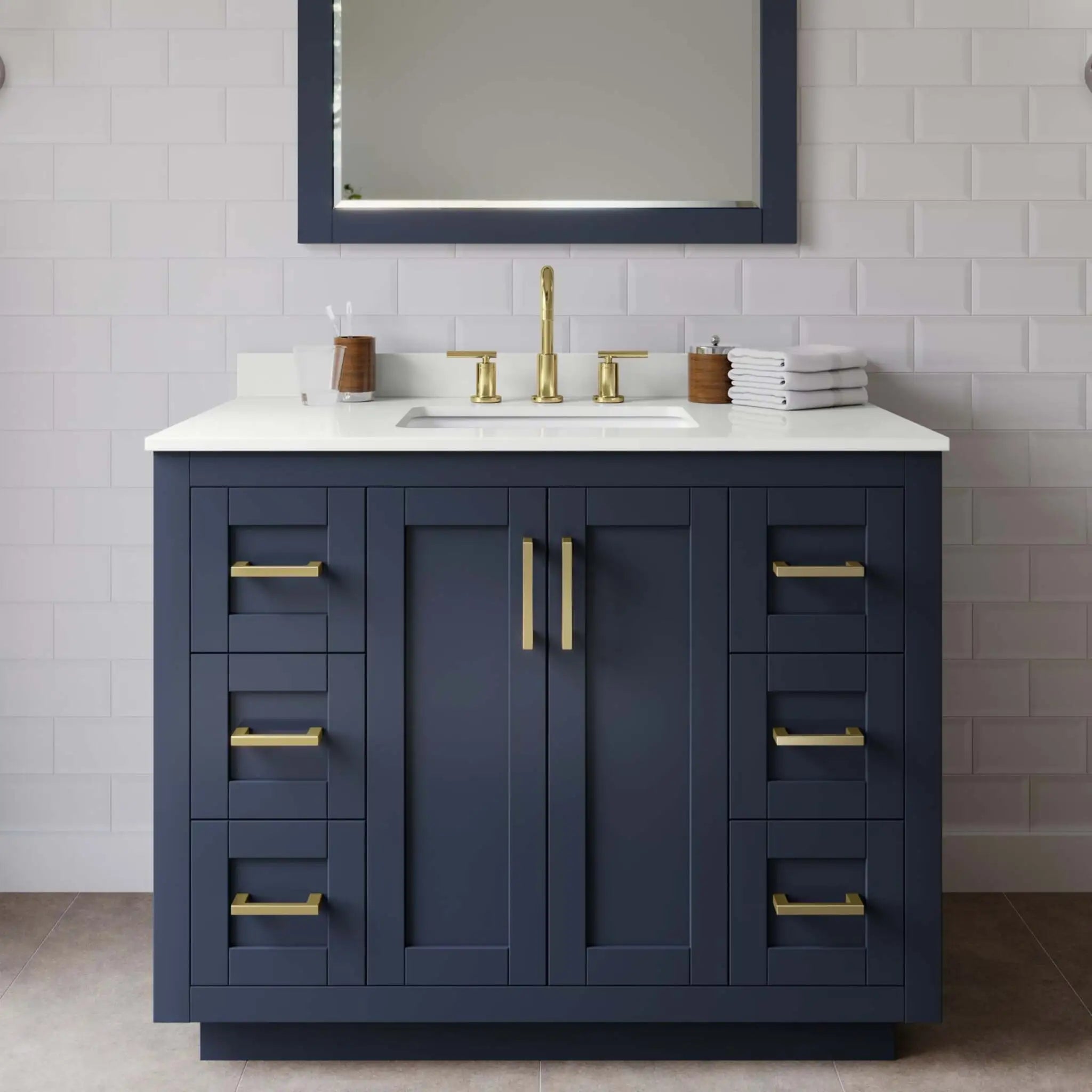 42" Miranda Single Bathroom Vanity in Dark Blue with Brushed Gold Trim by Wyndham