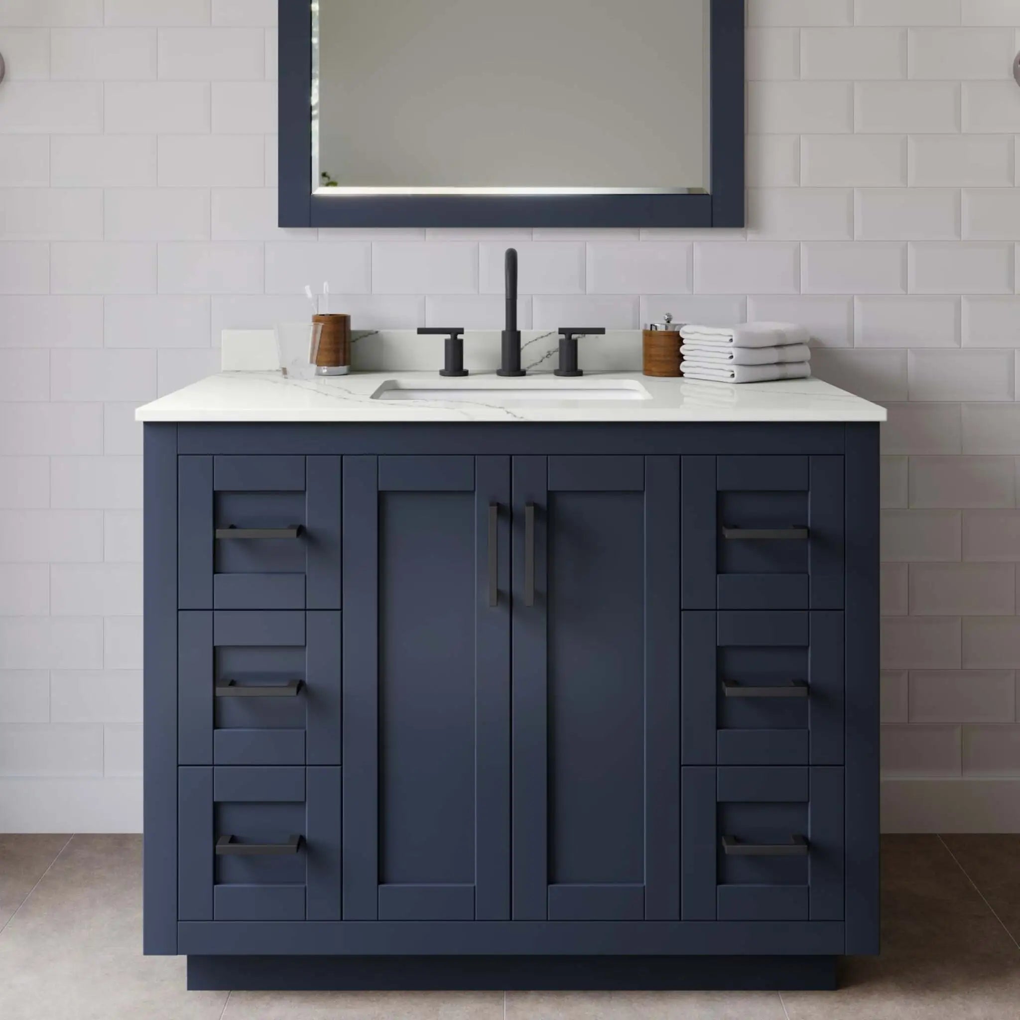 42" Miranda Single Bathroom Vanity in Dark Blue with Matte Black Trim & 34" Mirror by Wyndham
