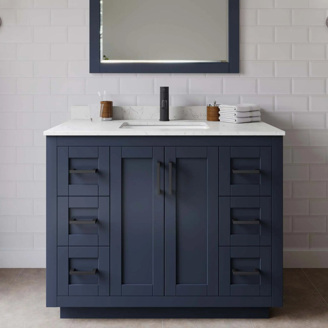 42" Miranda Single Bathroom Vanity in Dark Blue with Matte Black Trim by Wyndham