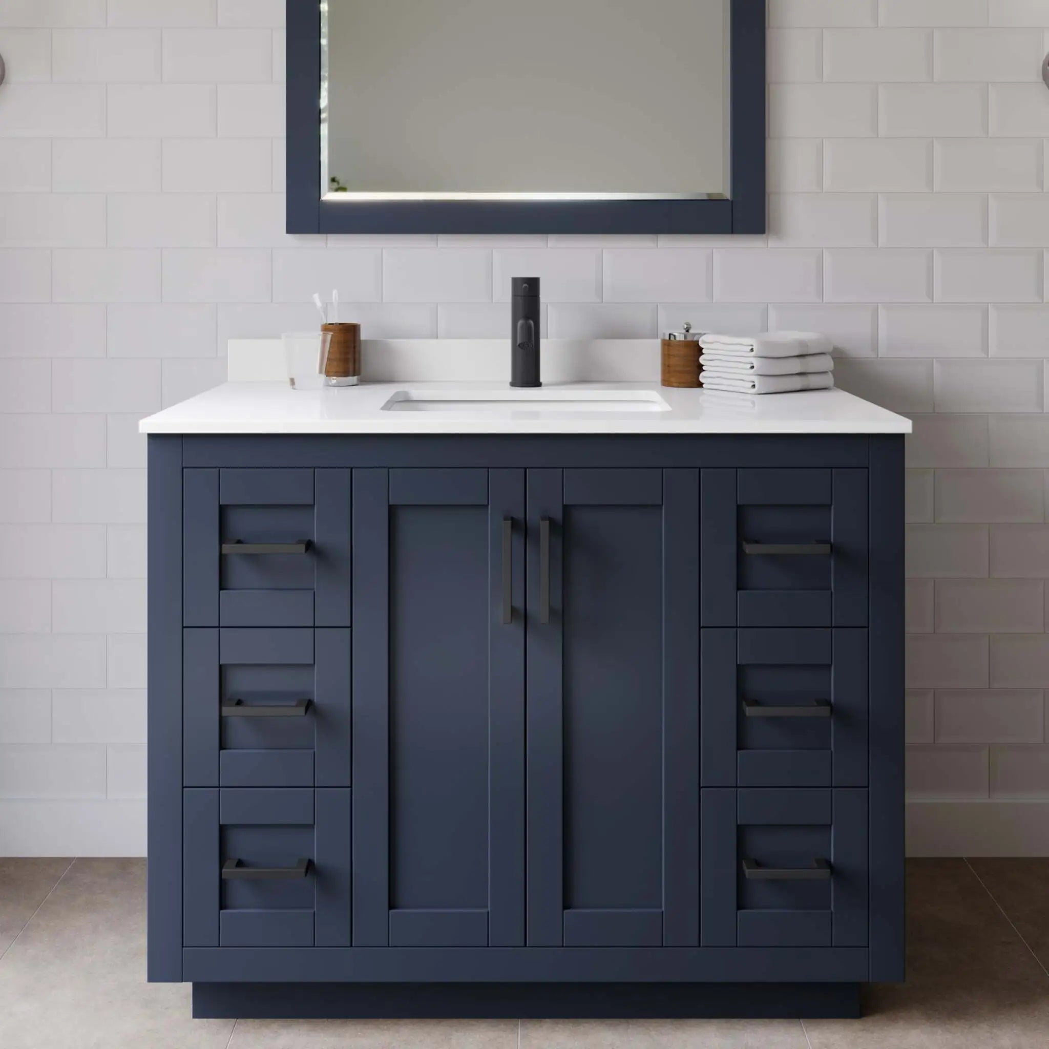42" Miranda Single Bathroom Vanity in Dark Blue with Matte Black Trim by Wyndham