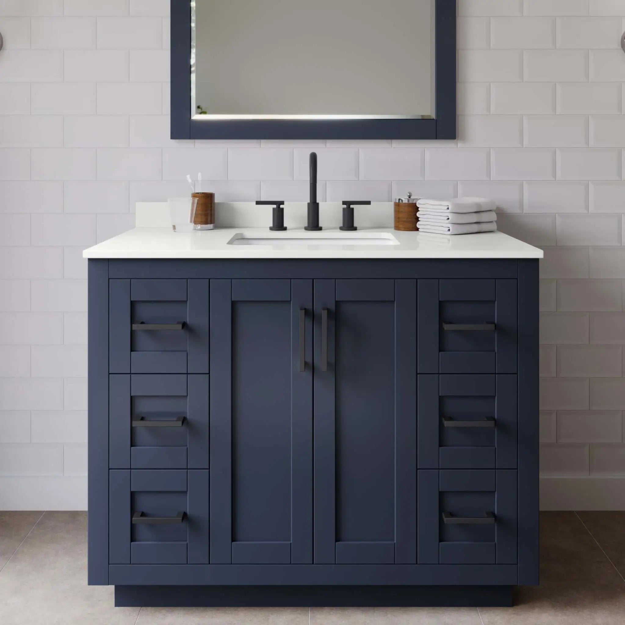42" Miranda Single Bathroom Vanity in Dark Blue with Matte Black Trim by Wyndham