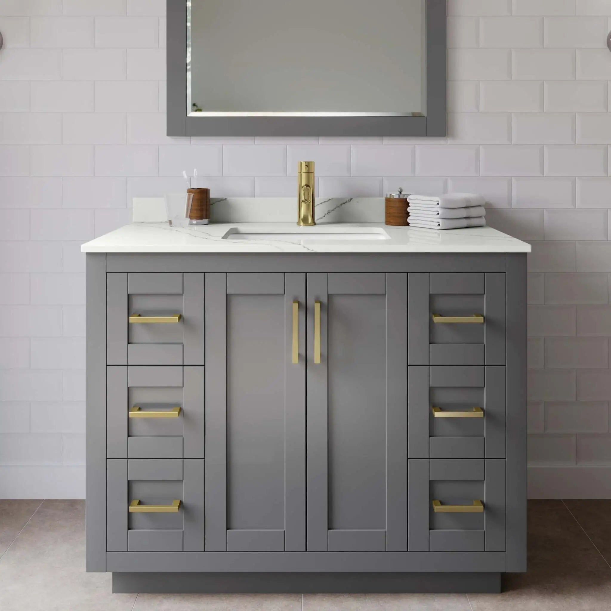 42" Miranda Single Bathroom Vanity in Dark Gray with Brushed Gold Trim & 34" Mirror by Wyndham