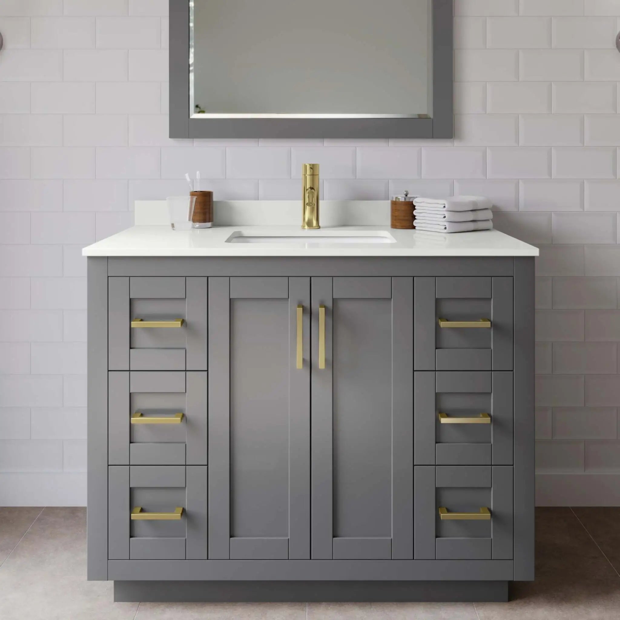 42" Miranda Single Bathroom Vanity in Dark Gray with Brushed Gold Trim & 34" Mirror by Wyndham