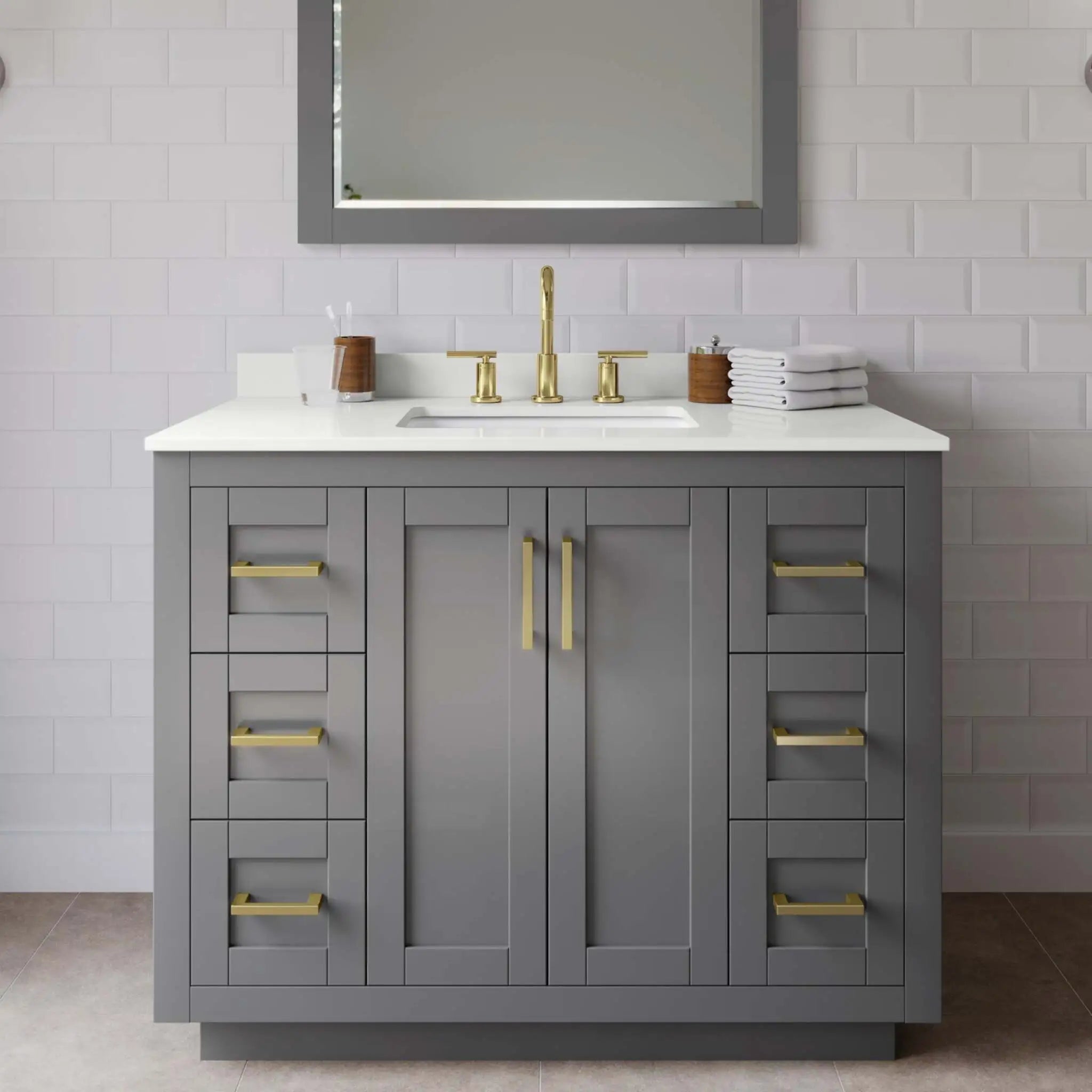 42" Miranda Single Bathroom Vanity in Dark Gray with Brushed Gold Trim & 34" Mirror by Wyndham