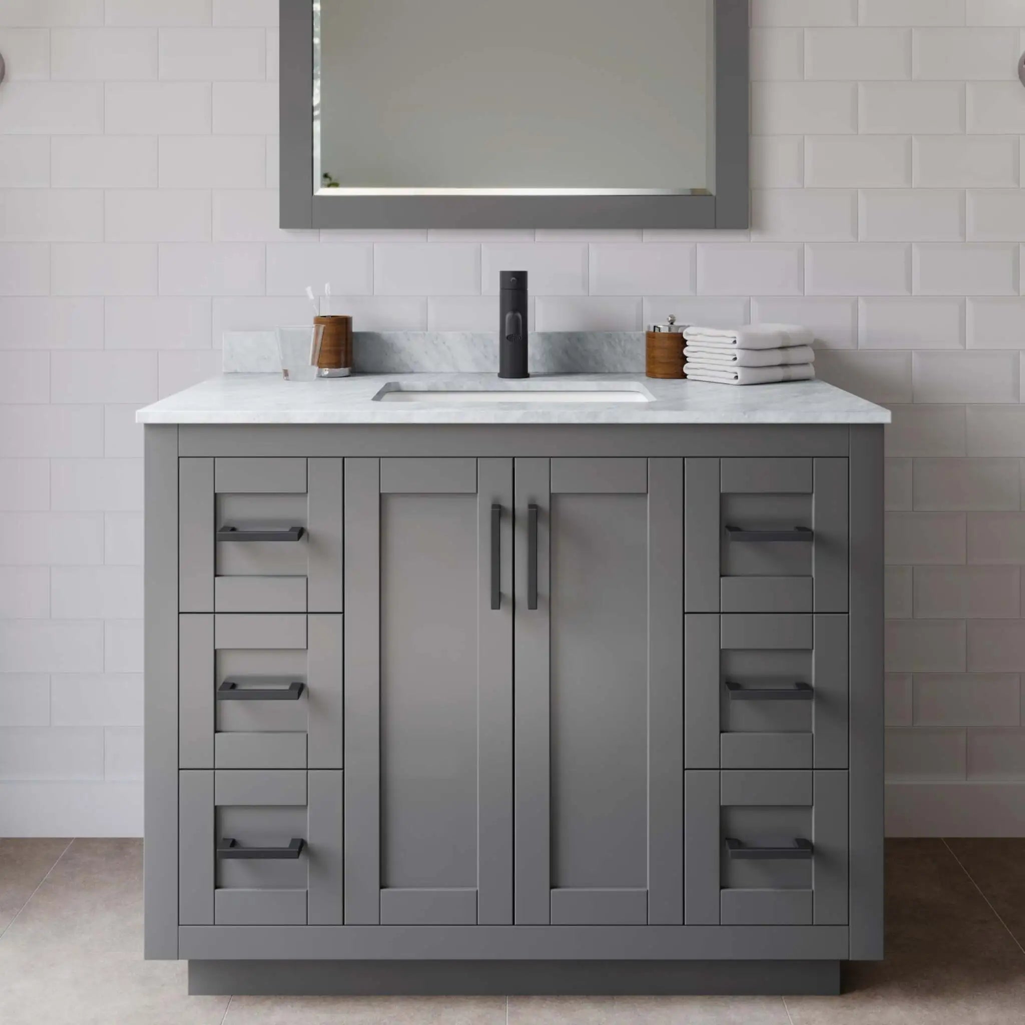 42" Miranda Single Bathroom Vanity in Dark Gray with Matte Black Trim & 34" Mirror by Wyndham