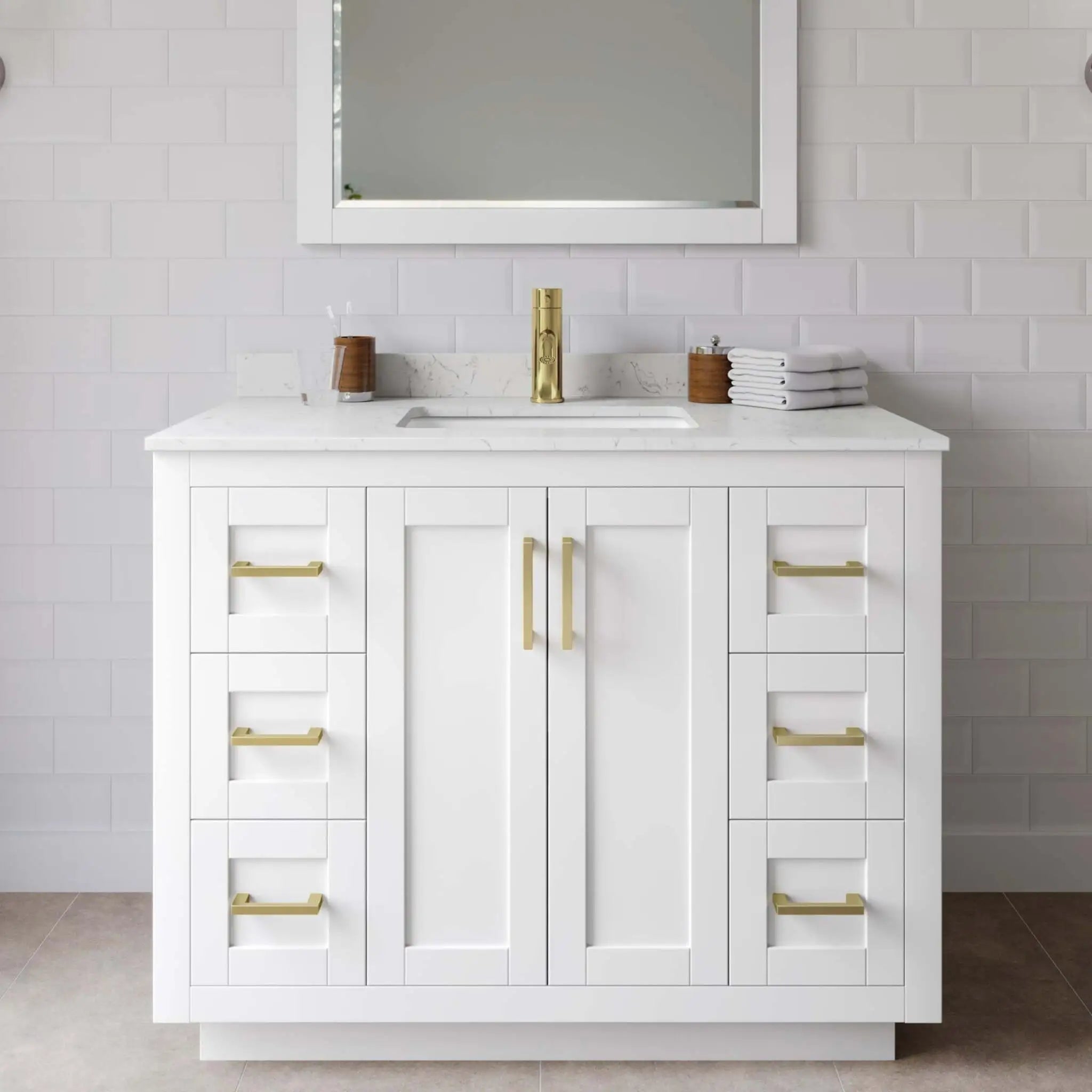 42" Miranda Single Bathroom Vanity in White with Brushed Gold Trim & 34" Mirror by Wyndham