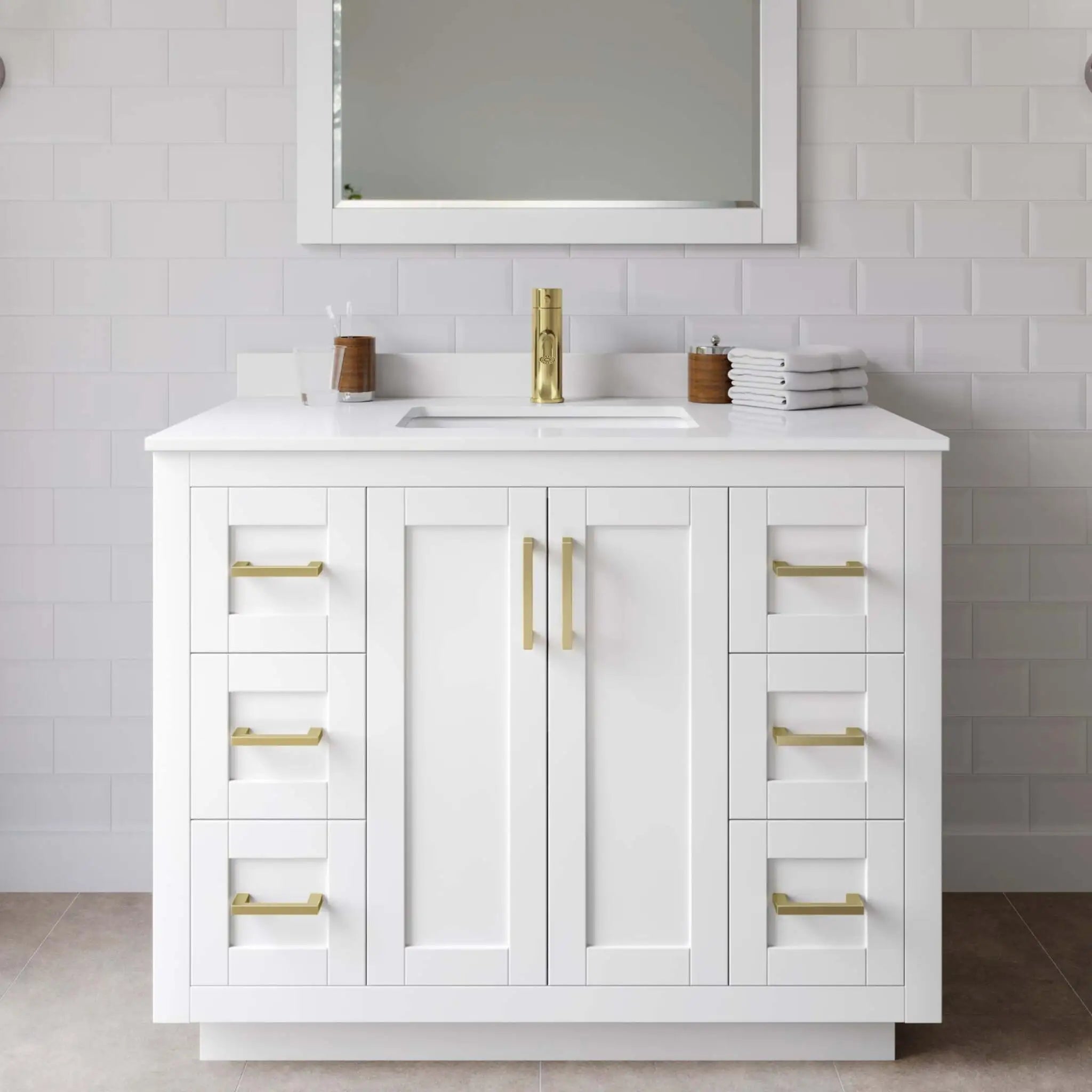 42" Miranda Single Bathroom Vanity in White with Brushed Gold Trim & 34" Mirror by Wyndham