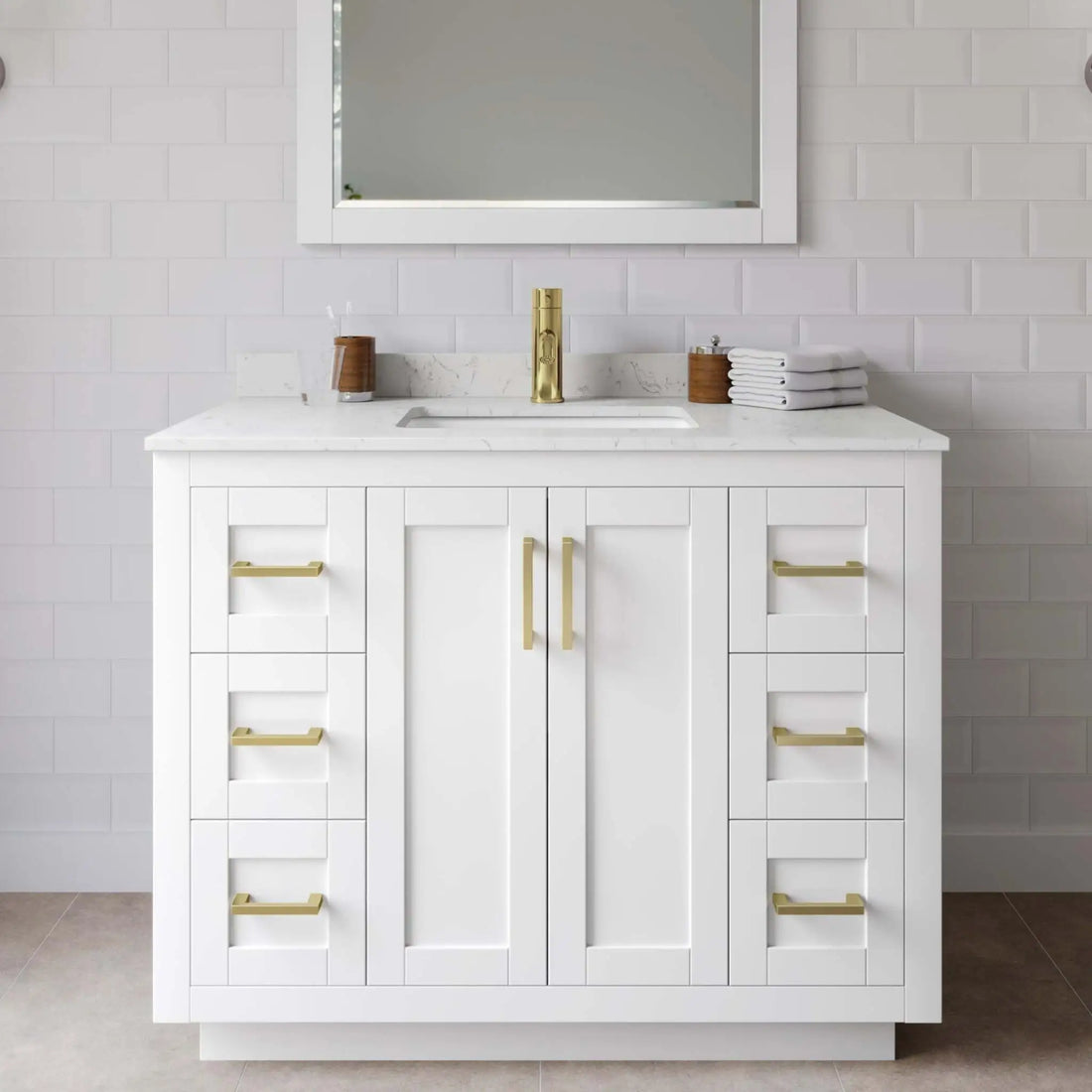 42" Miranda Single Bathroom Vanity in White with Brushed Gold Trim by Wyndham